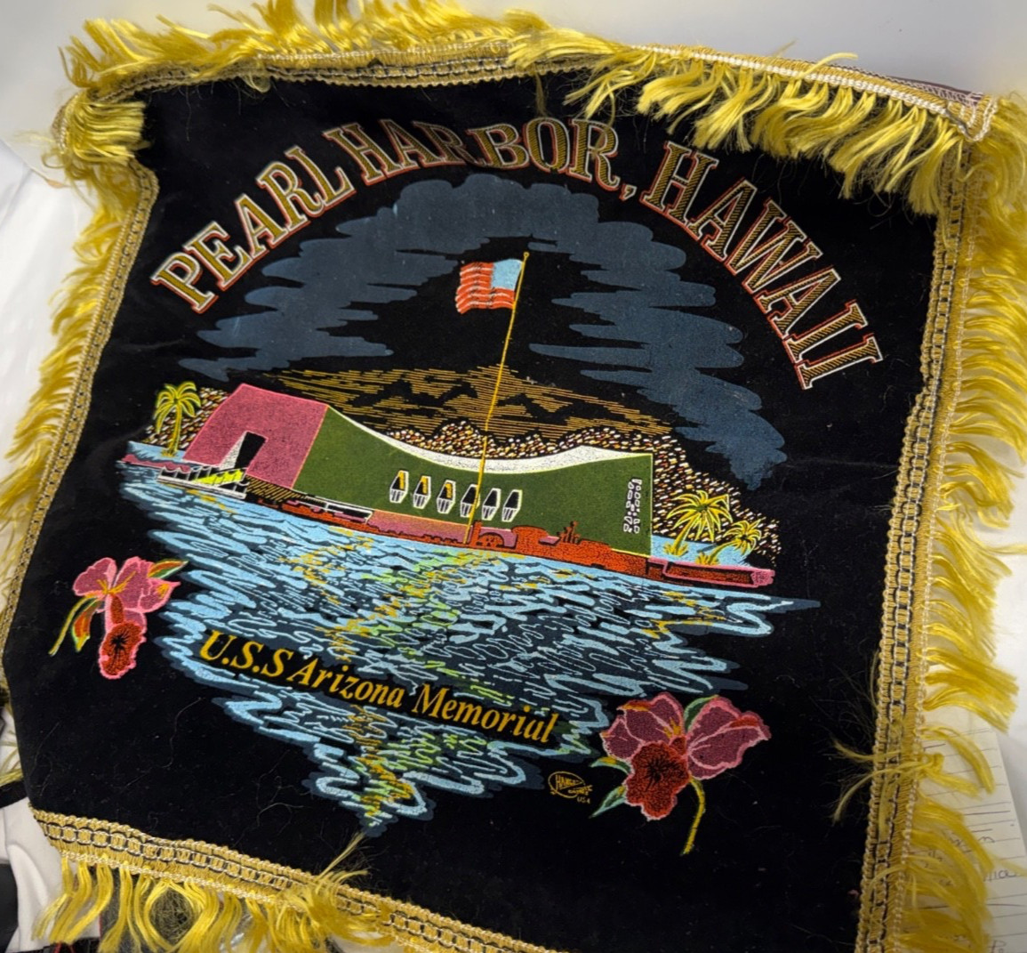 Vintage Souvenir Satin & Black Velvet Pillow Cover Pearl Harbor USS Arizona