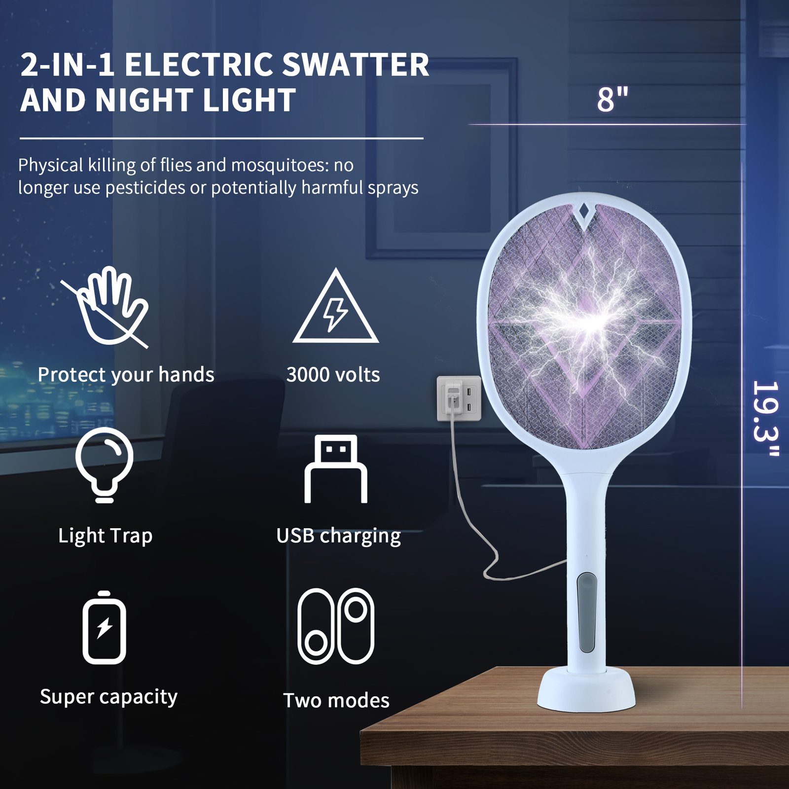 Rechargeable Dual-Mode Electric Fly Swatter Bug Zapper With Base, Lightweight