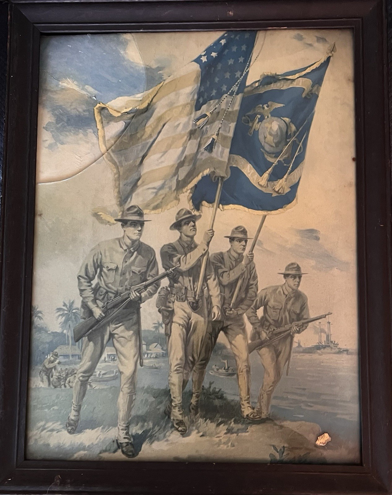 Rare 1917 WWI Marines March w/ American Flag Poster - Framed 22”x 17” Original