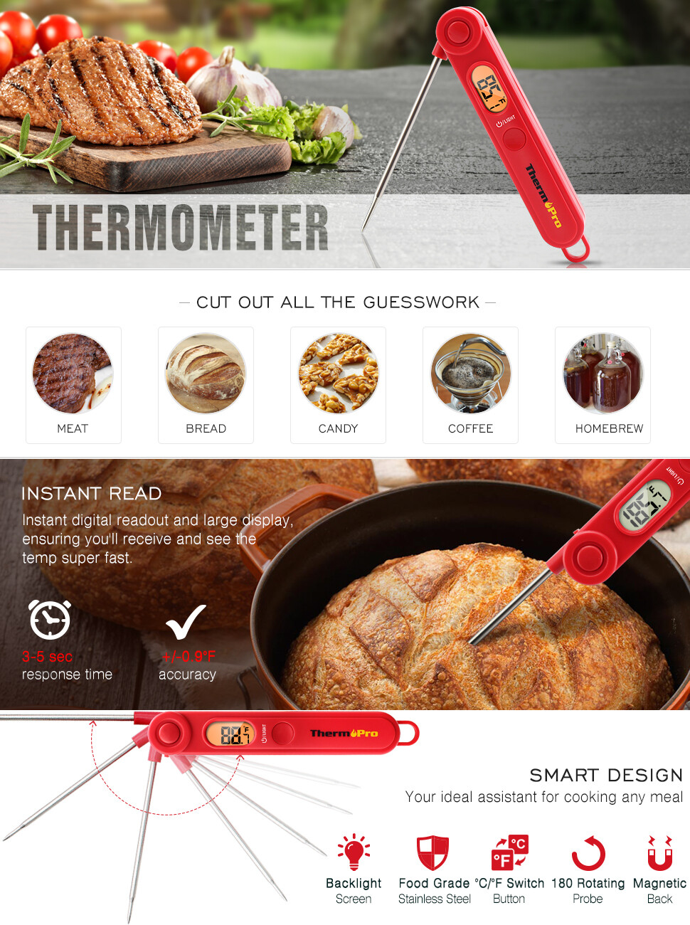 ThermoPro Instant Read Meat Thermometer Digital LCD Cooking BBQ Food Thermometer
