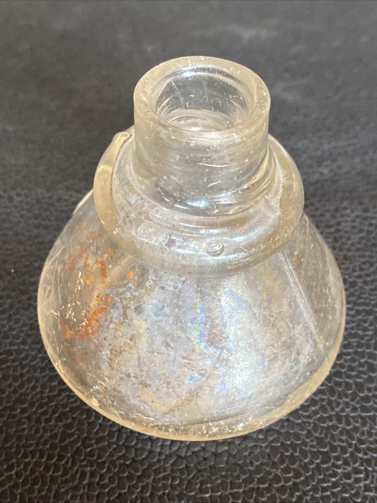 Antique Iridescent Clear Sheered Lip Cone Ring Shoulder 19th C Ink Well Bottle