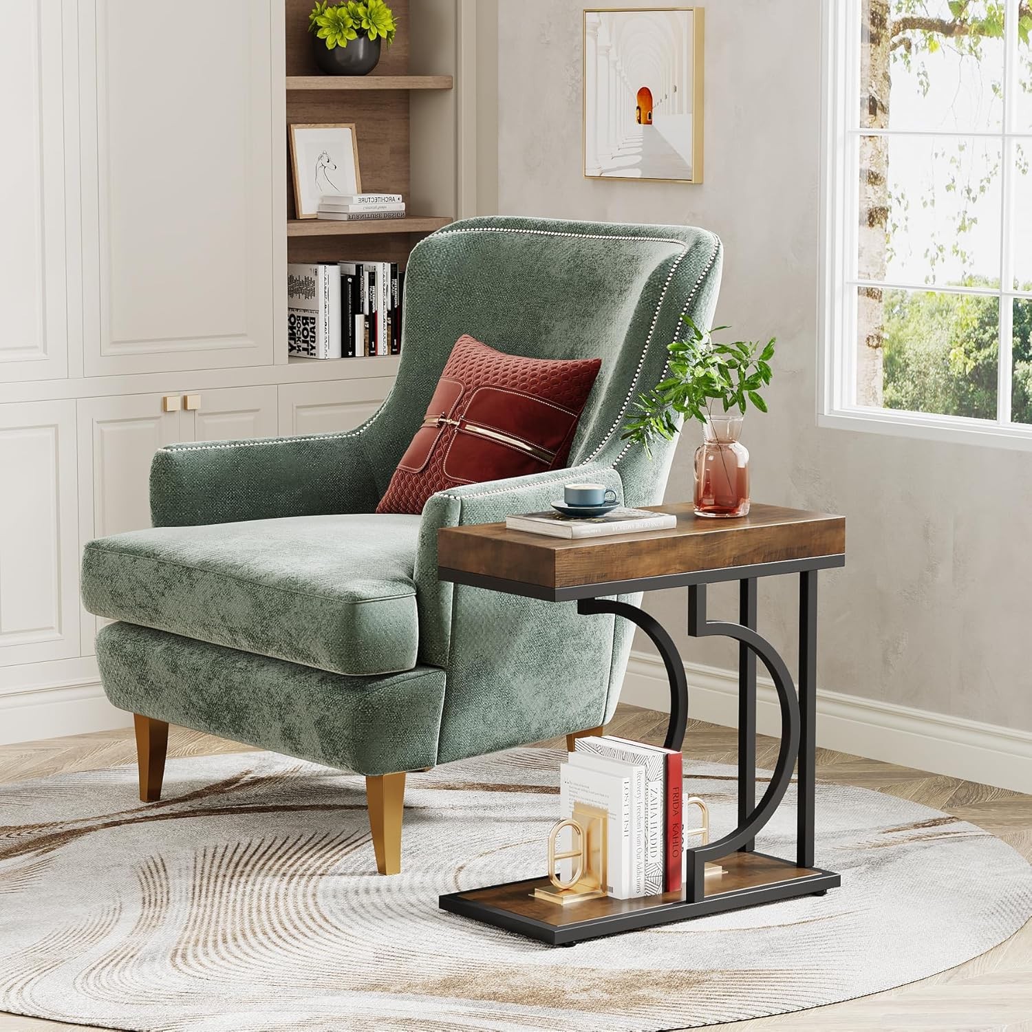 C Shaped End Table, Modern Narrow Side Table with Metal Frame for Living Room