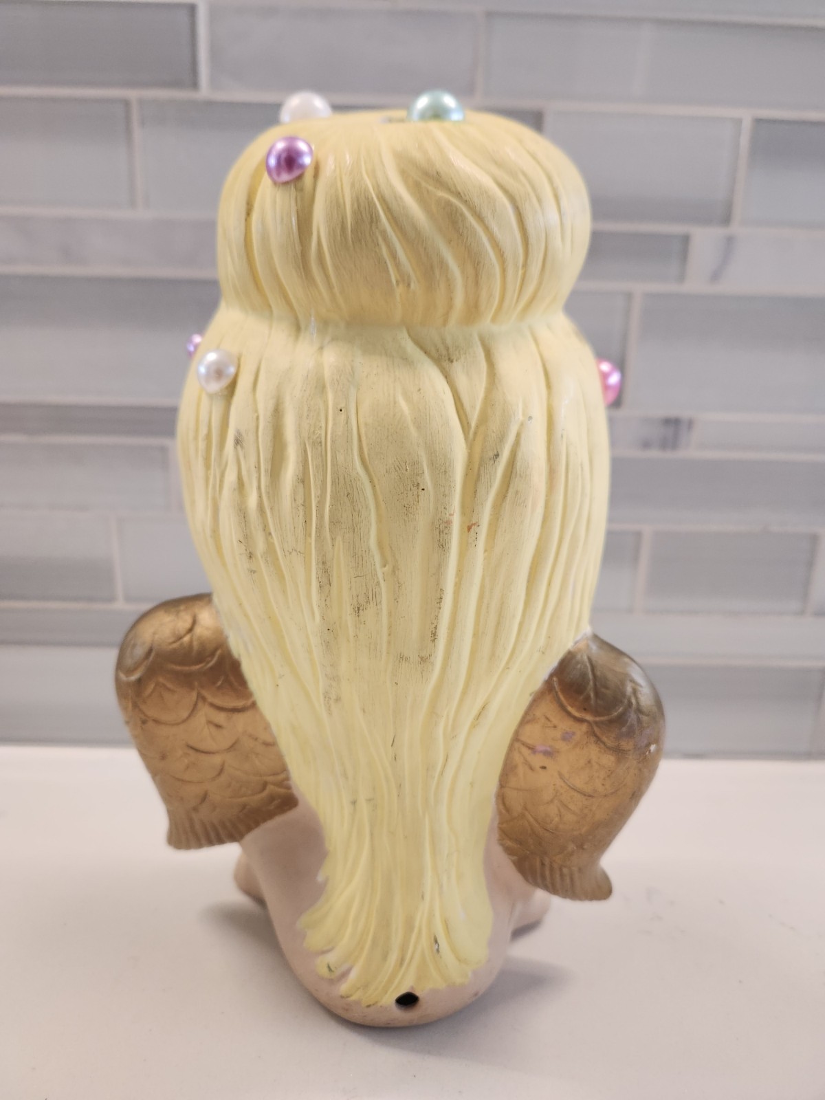 Weird Blonde Winged Angel Cherub 9.5" Statuette Figure 1982 Kathy's Ceramics