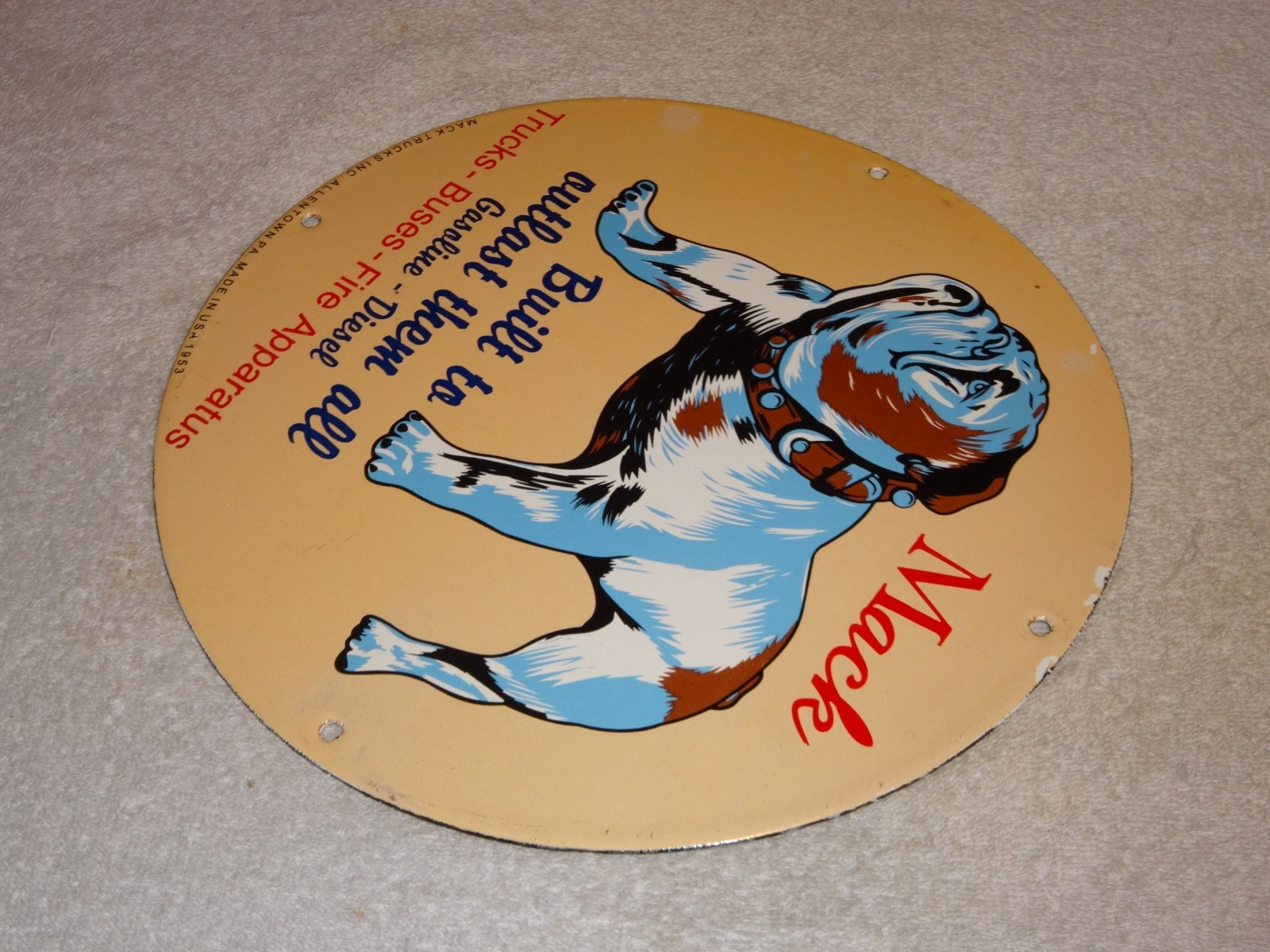 VINTAGE MACK🐶TRUCKS BUSES GASOLINE DIESEL 11 3/4" PORCELAIN METAL OIL DOG SIGN