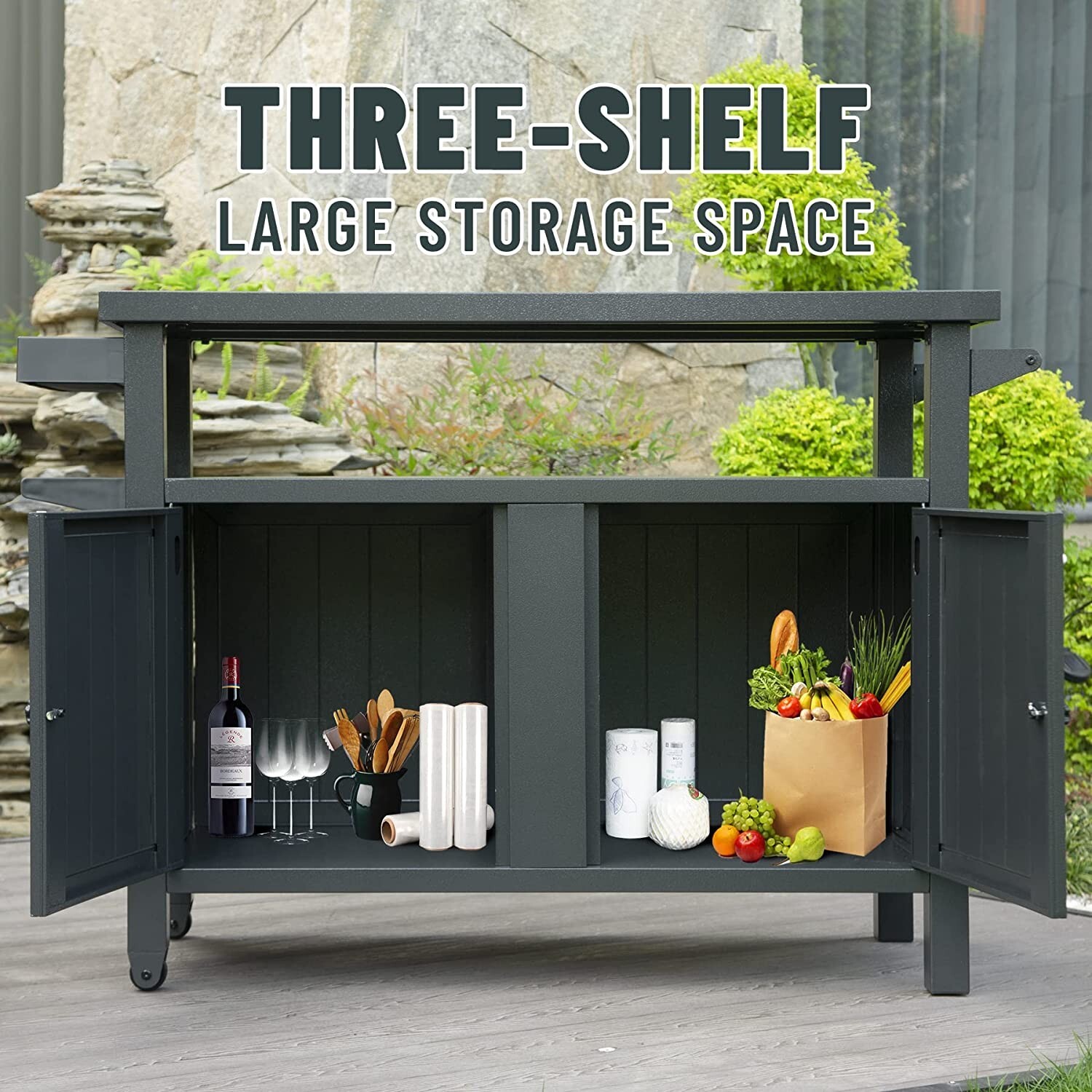 Domi Outdoor Grill Carts w/Wheels,Metal Table and Storage Cabinet for BBQ(Gray)