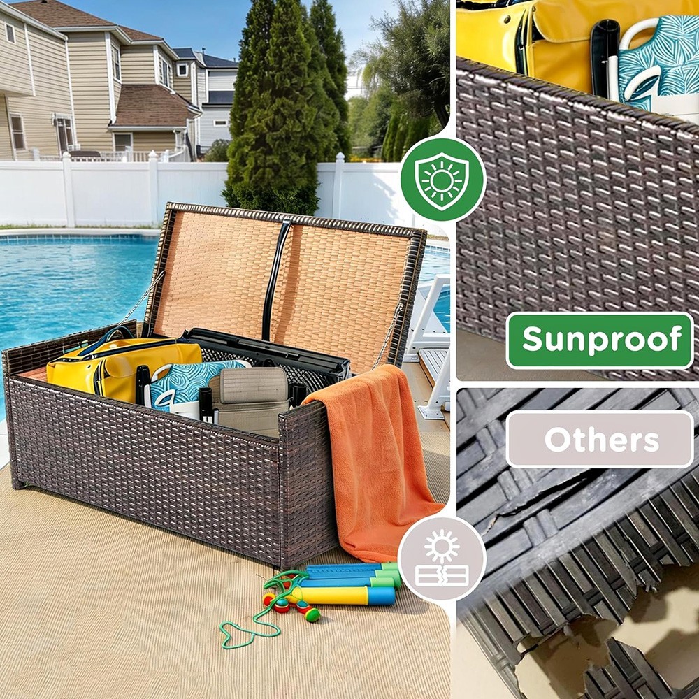 WICKER DECK OUTDOOR STORAGE BOX RATTAN BENCH HAND-WOVEN WITH CUSHION 55 GALLON