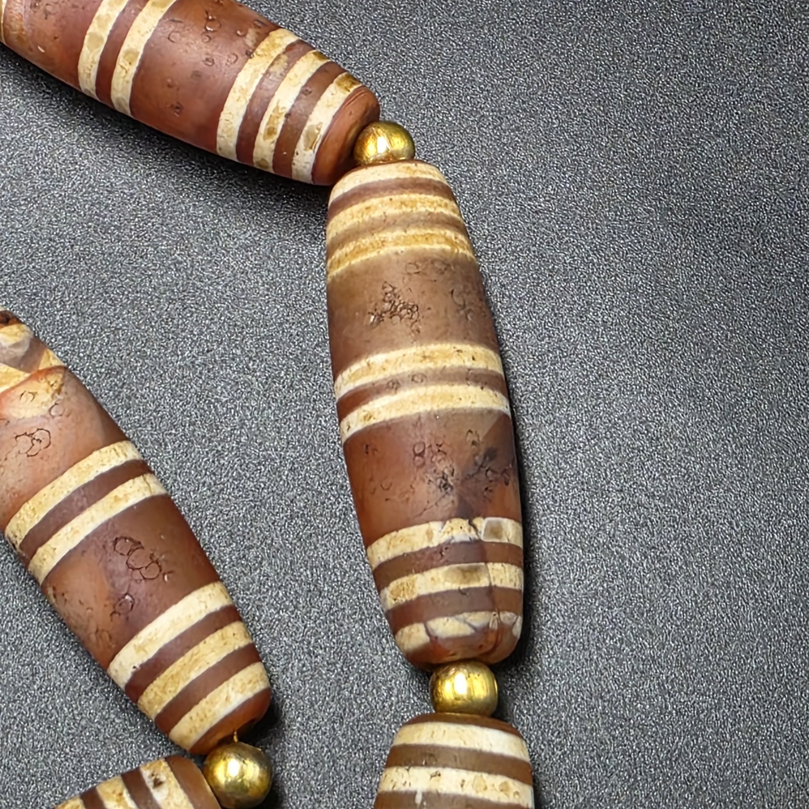 Antique Etched Carnelian Decorated Agate Beads Necklace.