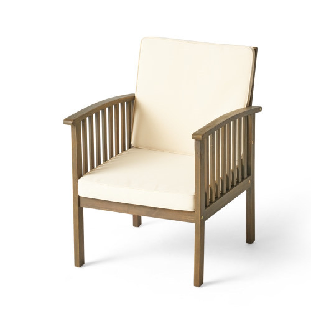 Acacia Wood Outdoor Club Chair Set w/ Side Table, Cream & Gray Cushions