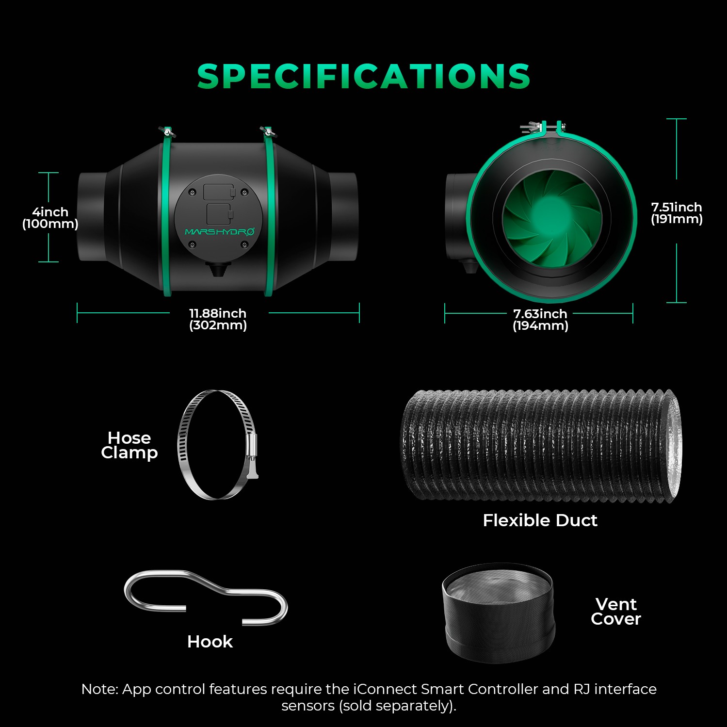 Mars Hydro Ifresh 4"Inline Fan Carbon Filter Kit Smart APP Control for Grow Tent