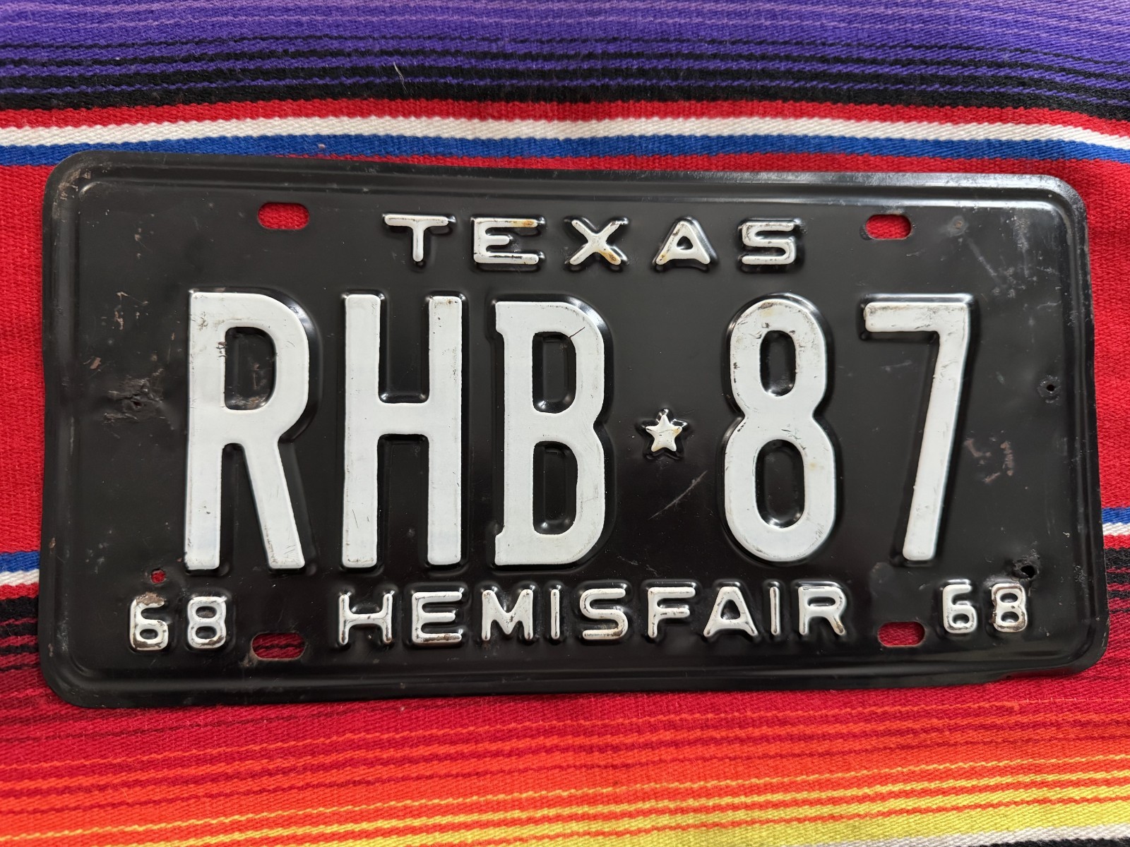 1968 TEXAS PASSENGER  LICENSE  PLATE  RHB87    SINGLE       LOW NUMBER