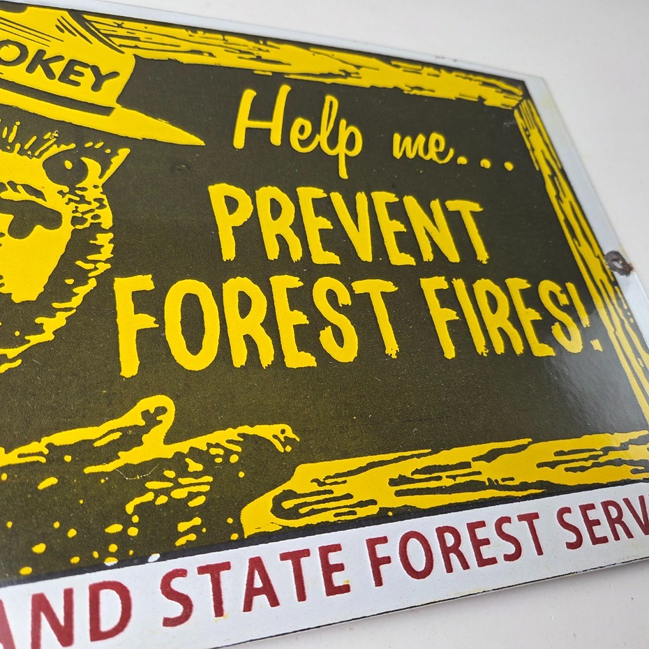 Vintage USA Forest Service Sign - Smokey the Bear Hiking Gas Porcelain Sign