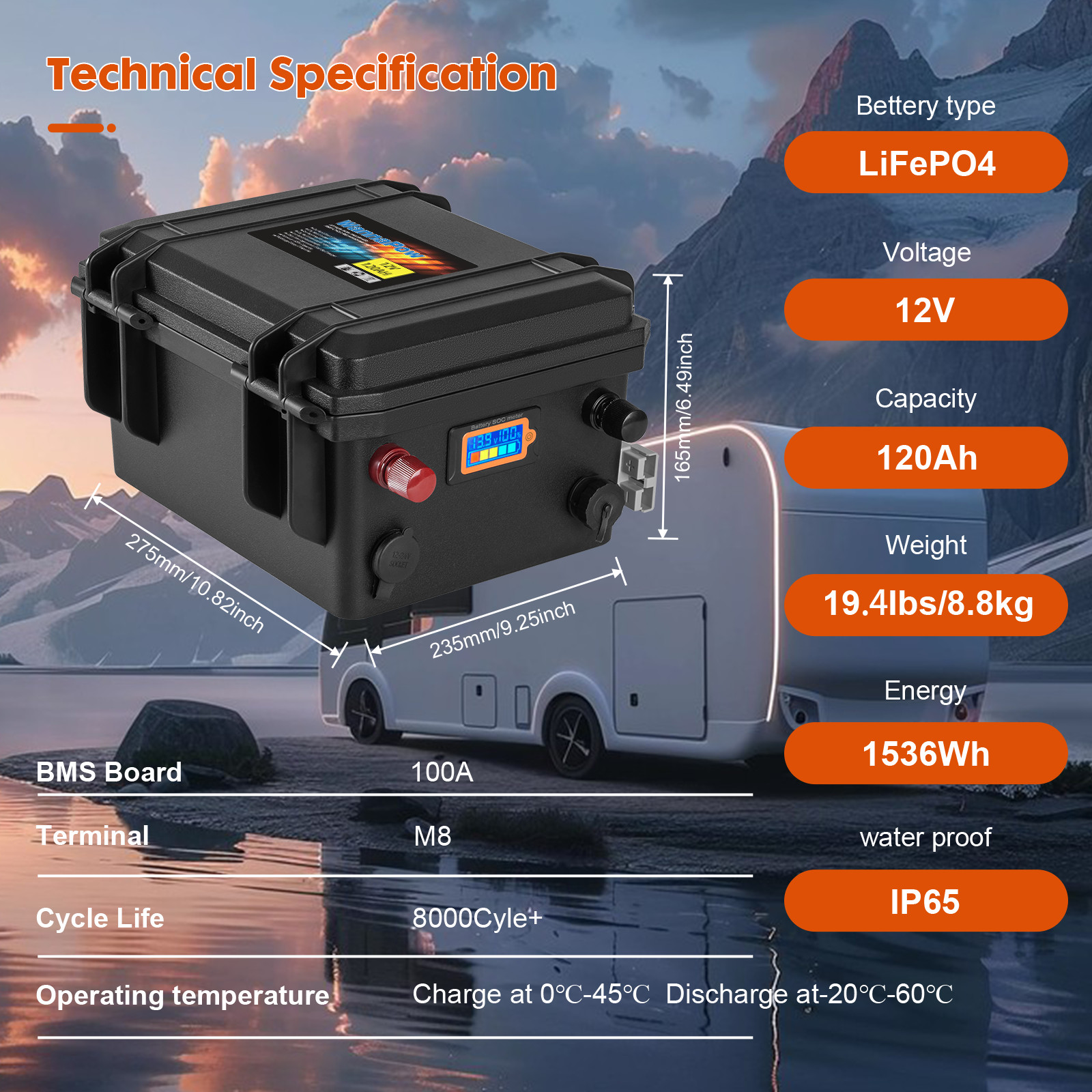 WannaPow 12V 120Ah LiFePO4 Battery BMS Deep Cycle For Trolling Motor,RV,Solar