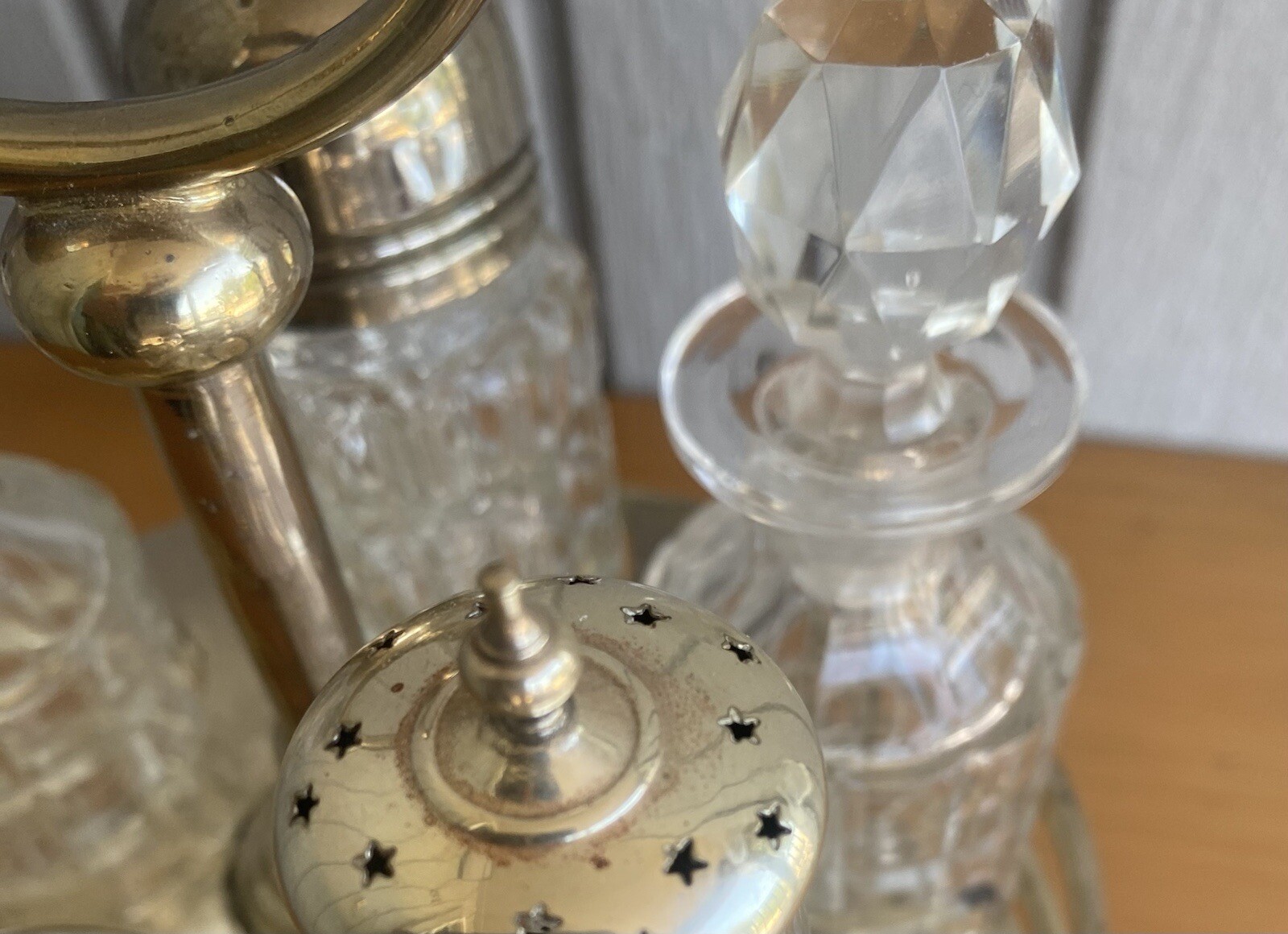 1887 Walker & Hall Victorian Silver Plate Antique Cut Crystal 6 pc Cruet Set