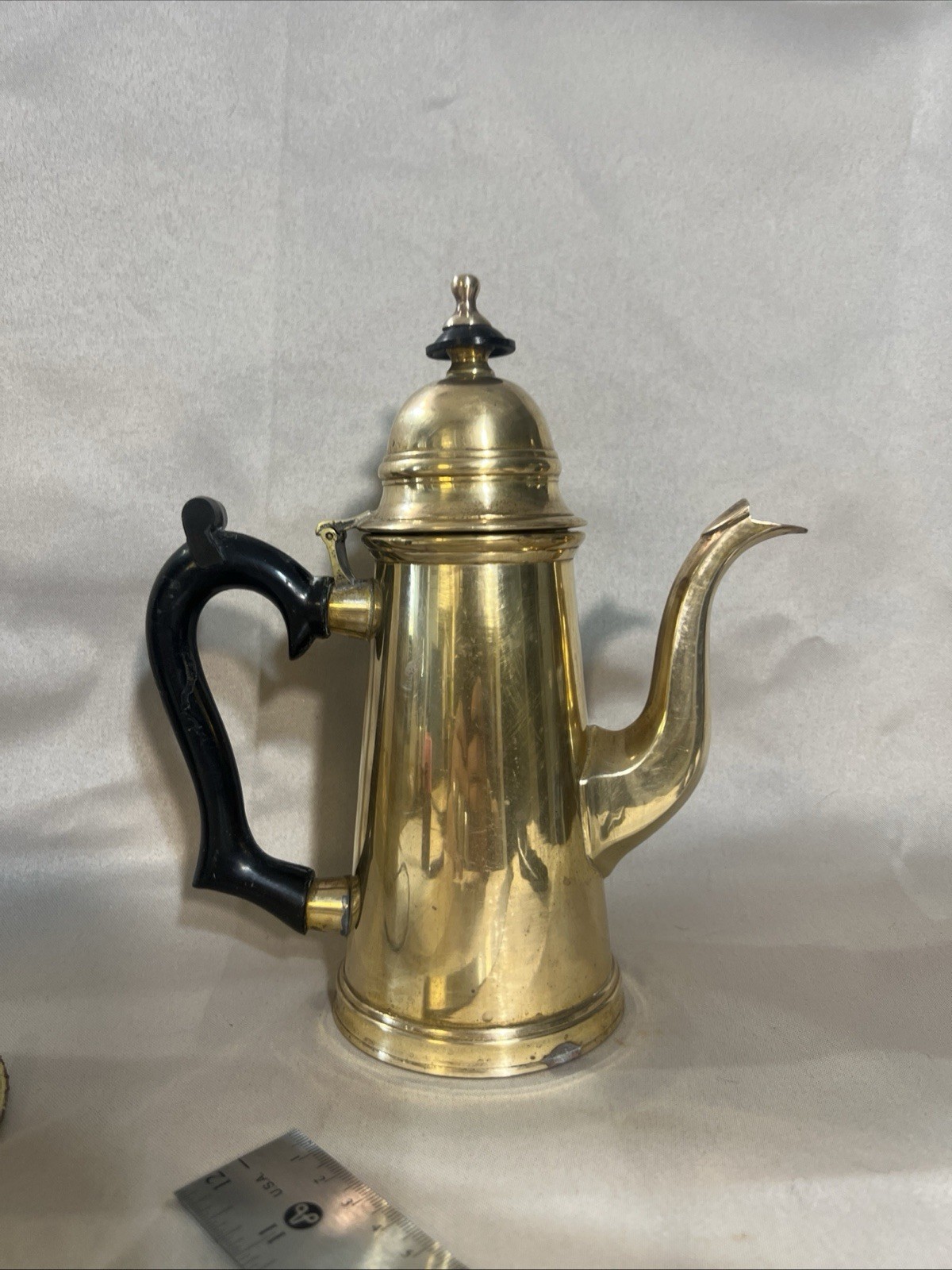 VTG BRASS COFFEE/TEA POT 8.5" T BLACK COATED HANDLE (2506)