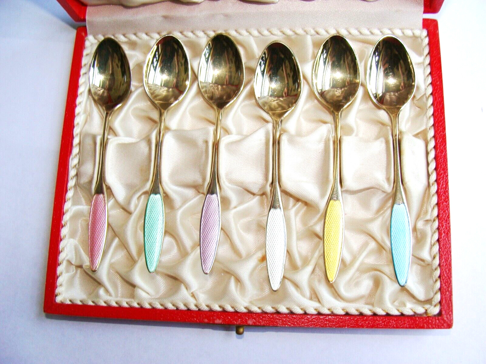 Frigast Denmark Box Set of 6 Sterling Silver Guilloche Enamel Demitasse Spoons