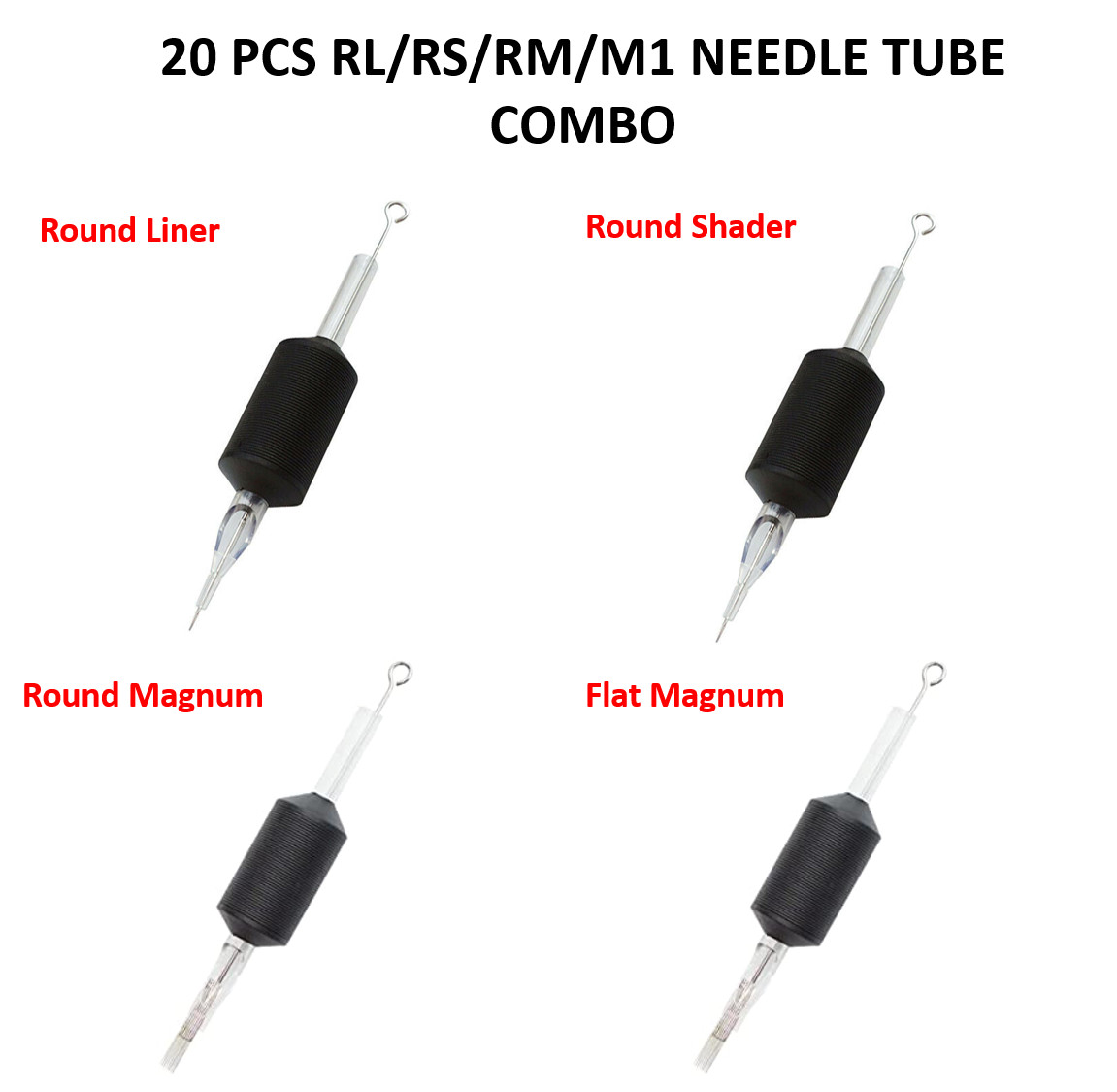 Tattoo Needle with Tube Combo 25mm 1 Inch Grip Box of 20pcs RL/RS/RM/M1