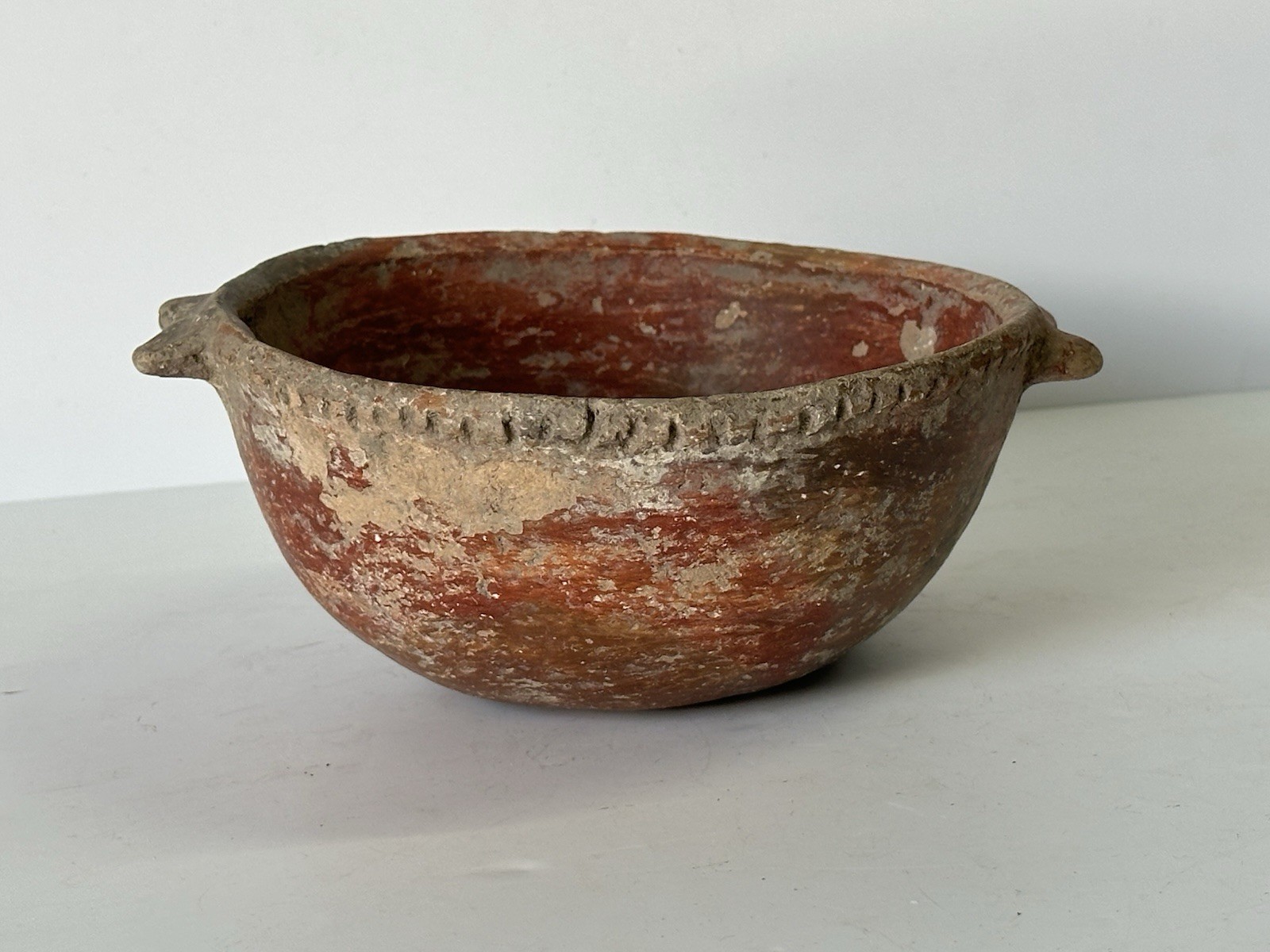 COLORFUL RED QUAPAW POTTERY HANDLED PIE CRUST BOWL ARKANSAS MISSISSIPPIAN JAR