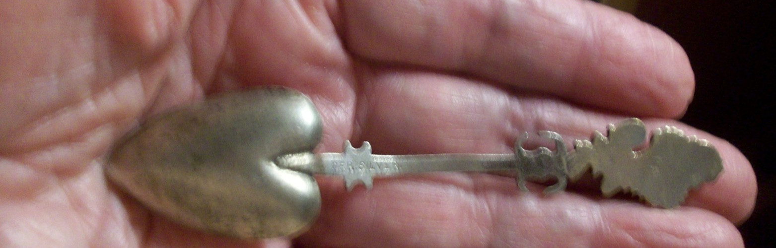 Antique German silver souvenir demitasse spoon heart bowl Queen lady handle top