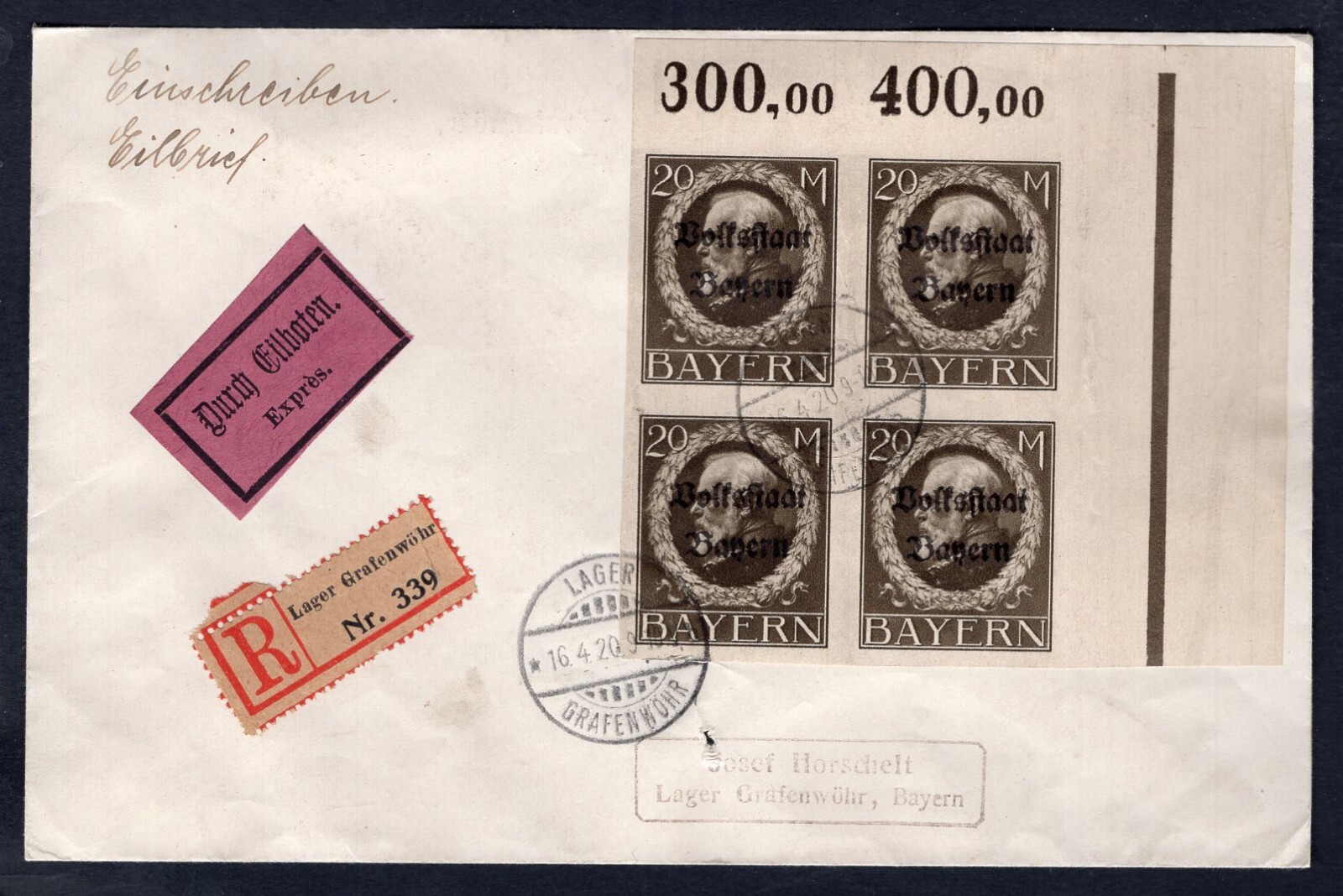 GERMANY Bayern 1920 Registered Cover. Sc# 175 Corner Block. Lager Grafenwöhr