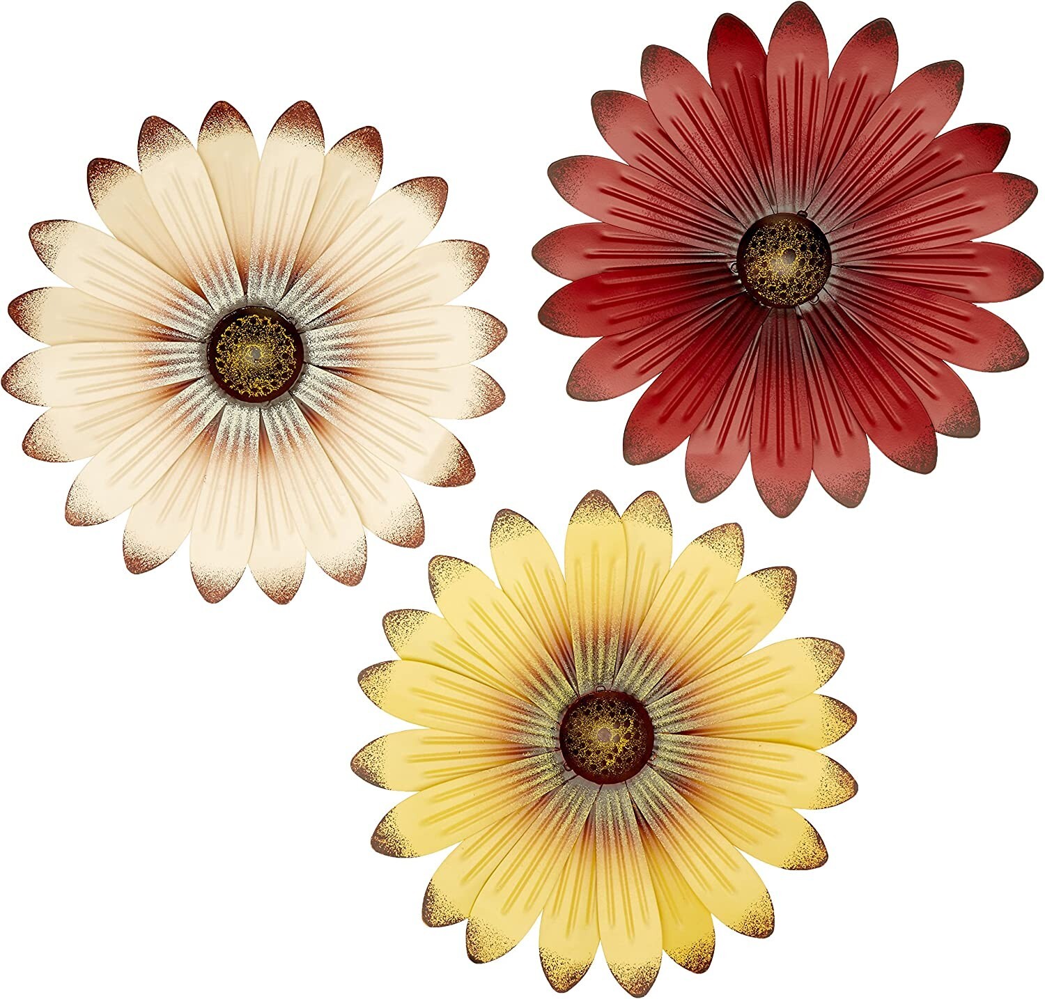 Set of 3 Cream Red Yellow Metal Flower Wall Art Garden Spring Flowerpot Decor