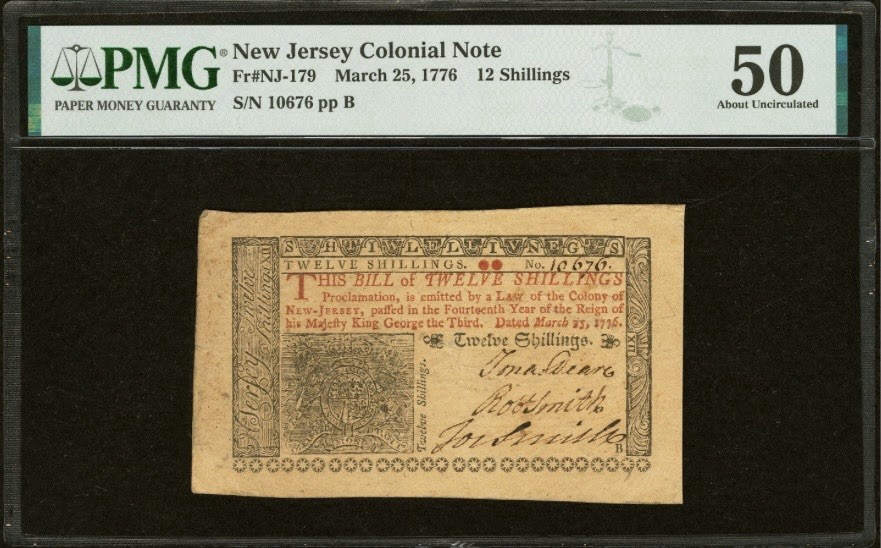 1776 NEW JERSEY Colonial Currency American Revolution Bank Note NJ-179, PMG 50