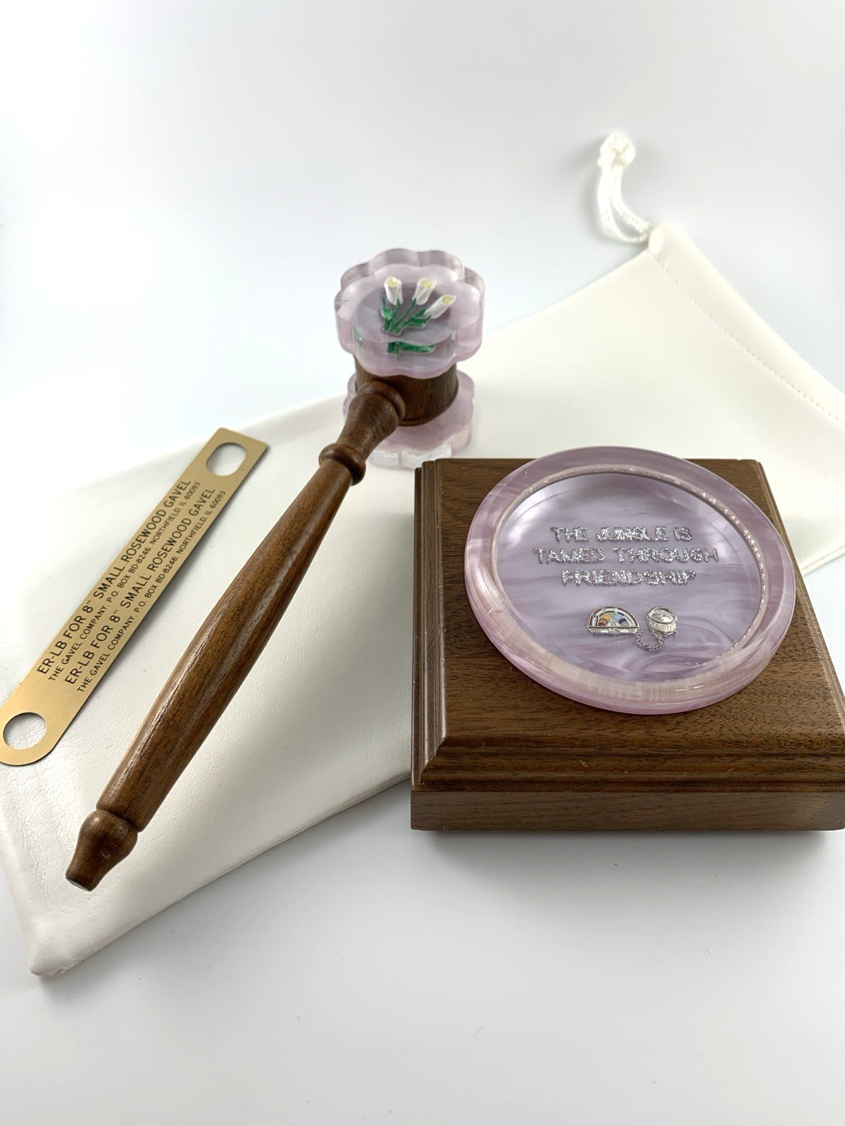 Rainbow Girls | Walnut 7.5" Gavel & Sound Block (w/ Lucite Top) & Bag + | NOS