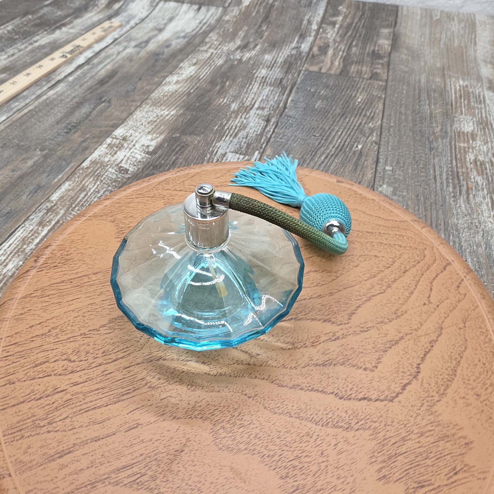 Vintage 4" Diameter Blue Perfume Bottle Atomizer With Tassle Glamor Era