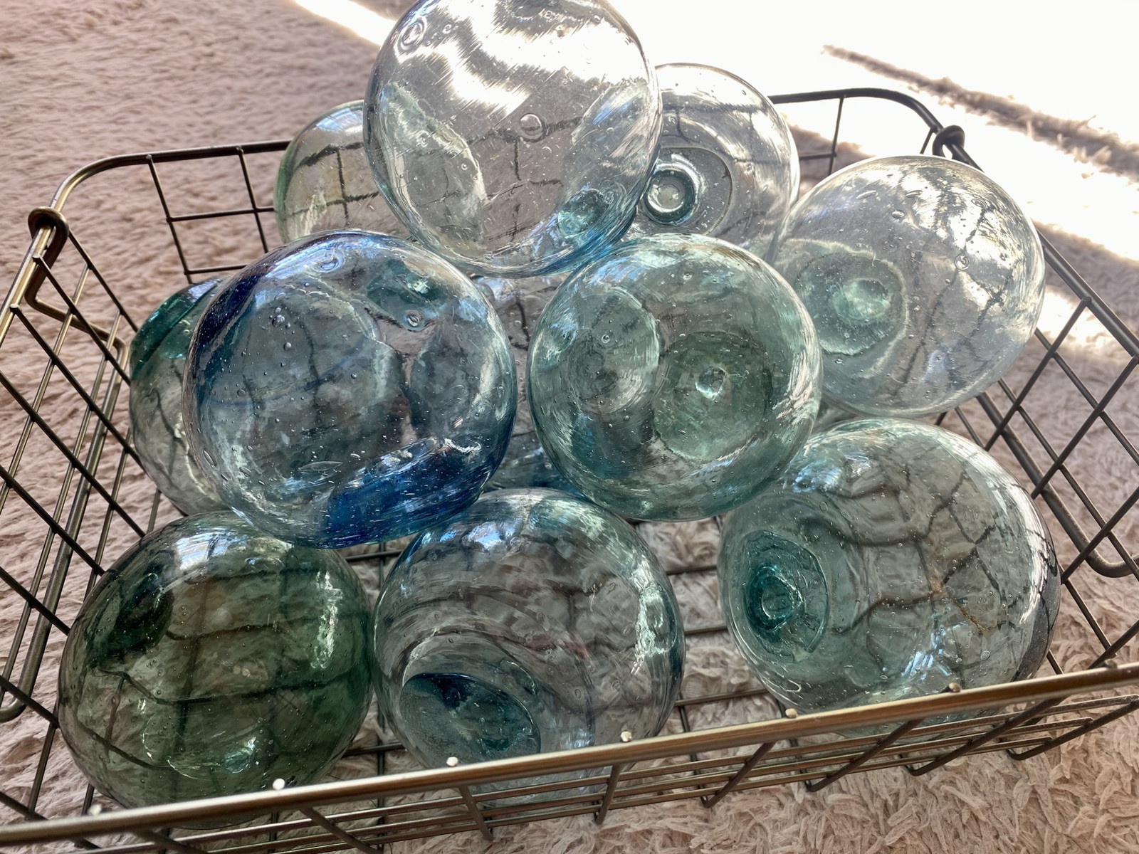 Vintage Japanese Glass Fishing Floats Set (Blue & Green) - 3"-3.5" 10 pcs