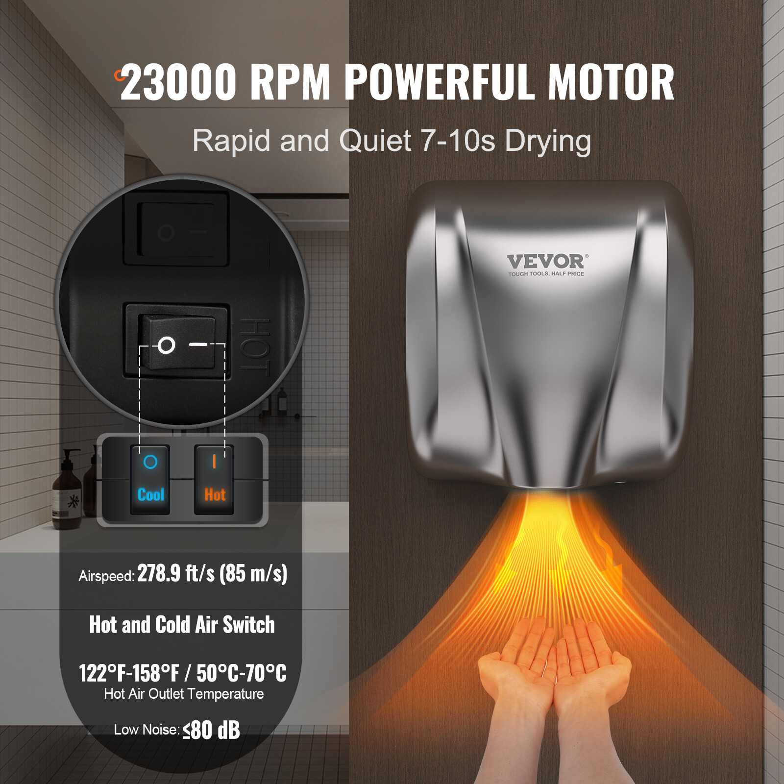 VEVOR 1300W Hand Dryer Commercial Household Automatic High Speed Stainless Steel