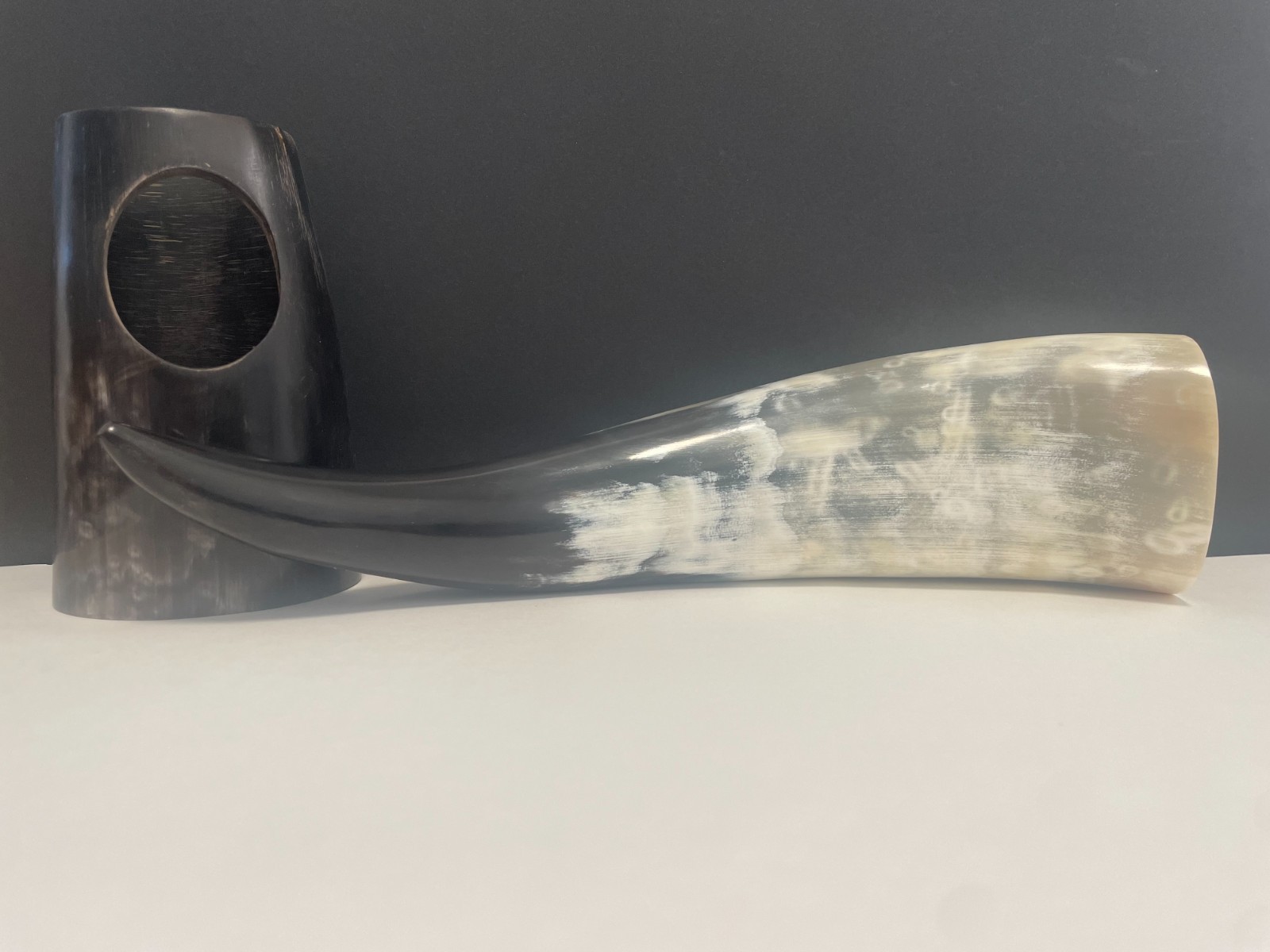 Large Polished Viking Drinking Horn & Matching Horn Stand - Natural Mead Vessel