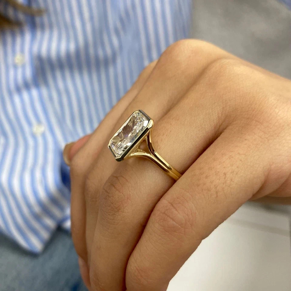 5 CT Radiant Cut Real Moissanite Bezel Engagement Ring 14k Yellow Gold Plated