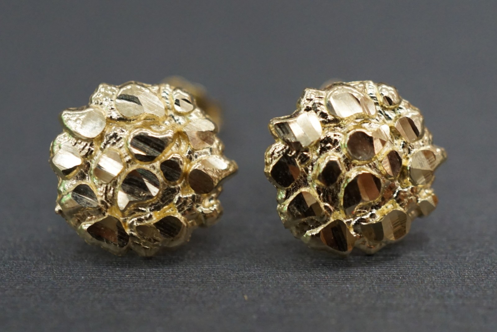 Real 10K Solid Yellow Gold 10MM Diamond Cut Round Nugget Stud Earrings.