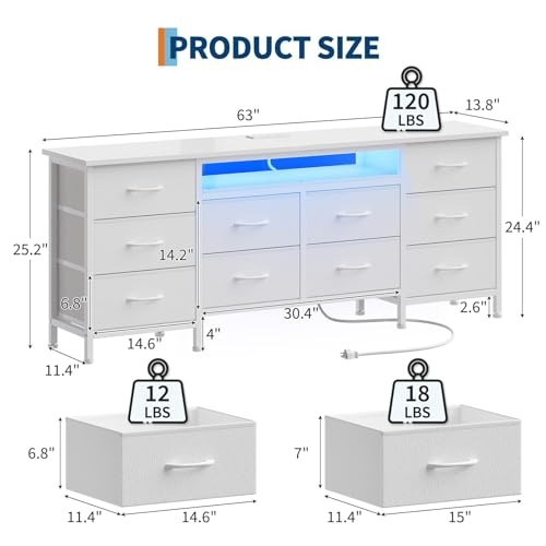 63 Inch 10-Drawer Dresser with LED Lights & Power Outlets, Wide Fabric White
