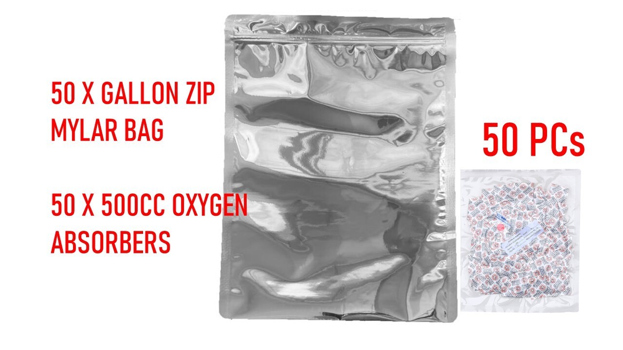 (50PC) 1 Gallon Mylar Bags Zip Seal Reusable Food Storage+500CC Oxygen Absorbers
