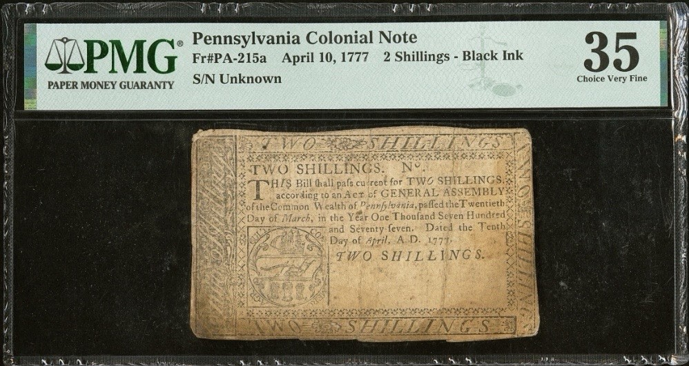 1777 PENNSYLVANIA Colonial Currency American Revolution Bank Note PA-215a PMG 35