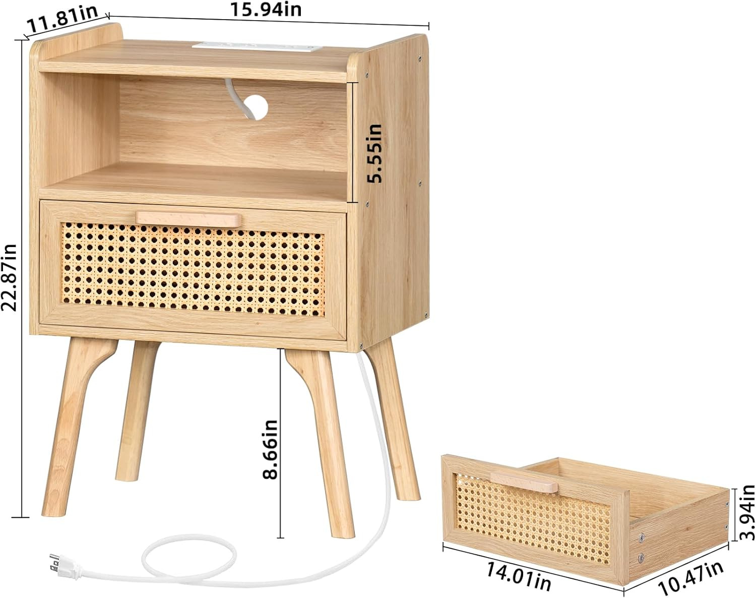 Rattan Nightstand with Charging Station, Boho Side Table with Drawer Open Shelf,