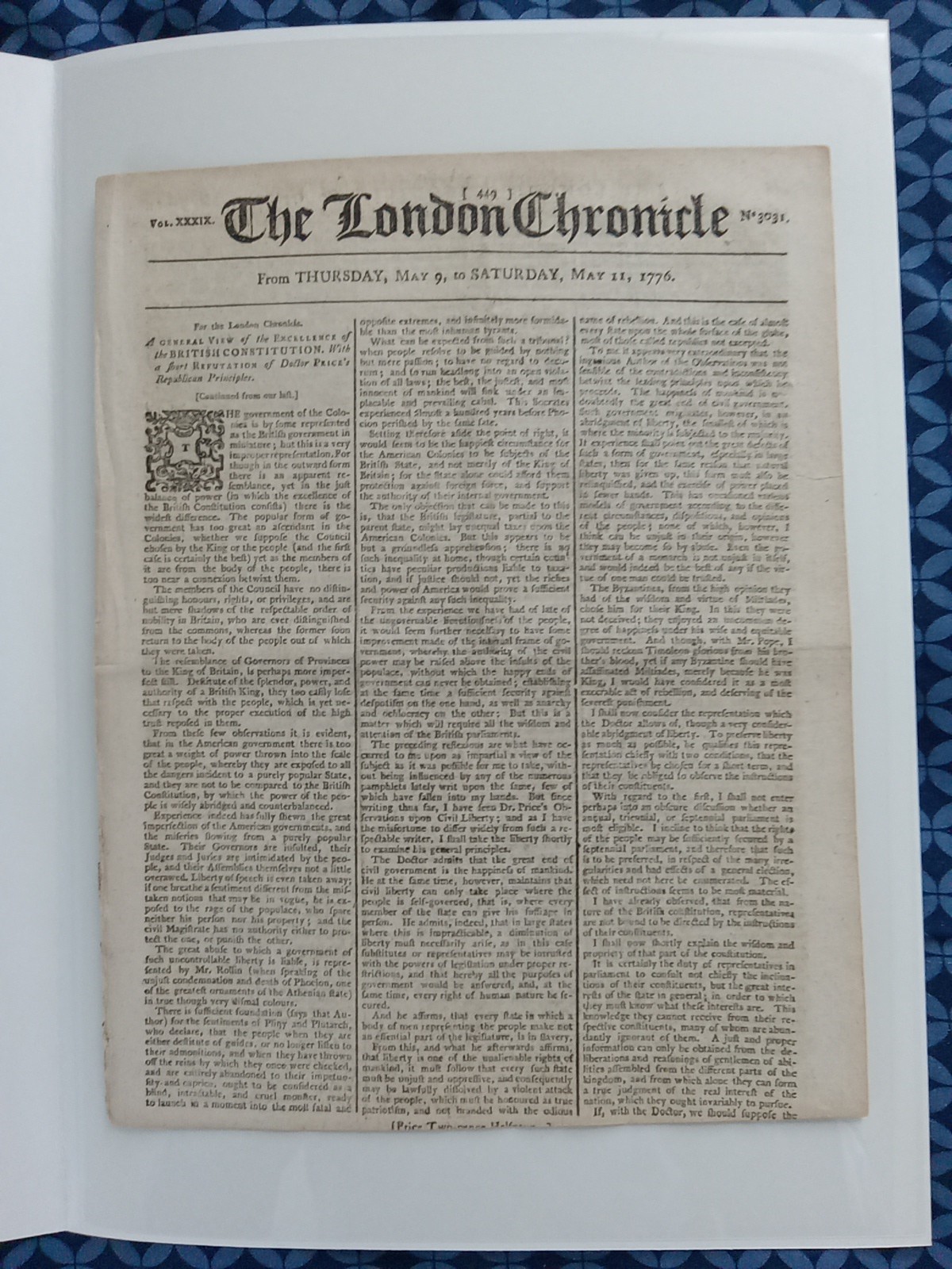 Original 1776 British Newspaper - American Revolutionary War - Colonies
