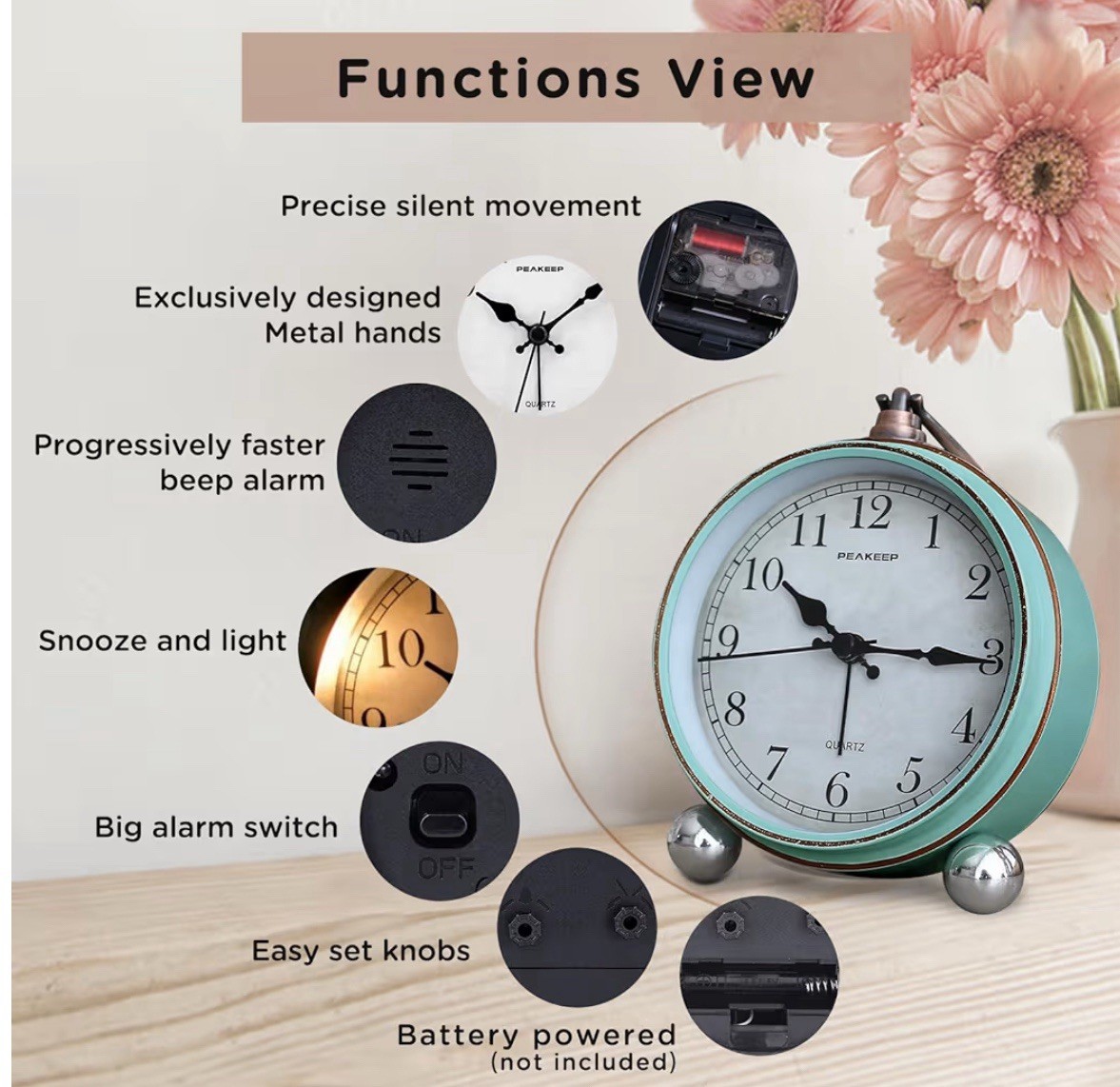 Peakeep 4” Small Battery Operated Antique Retro Analog Alarm Clock for Room Deco