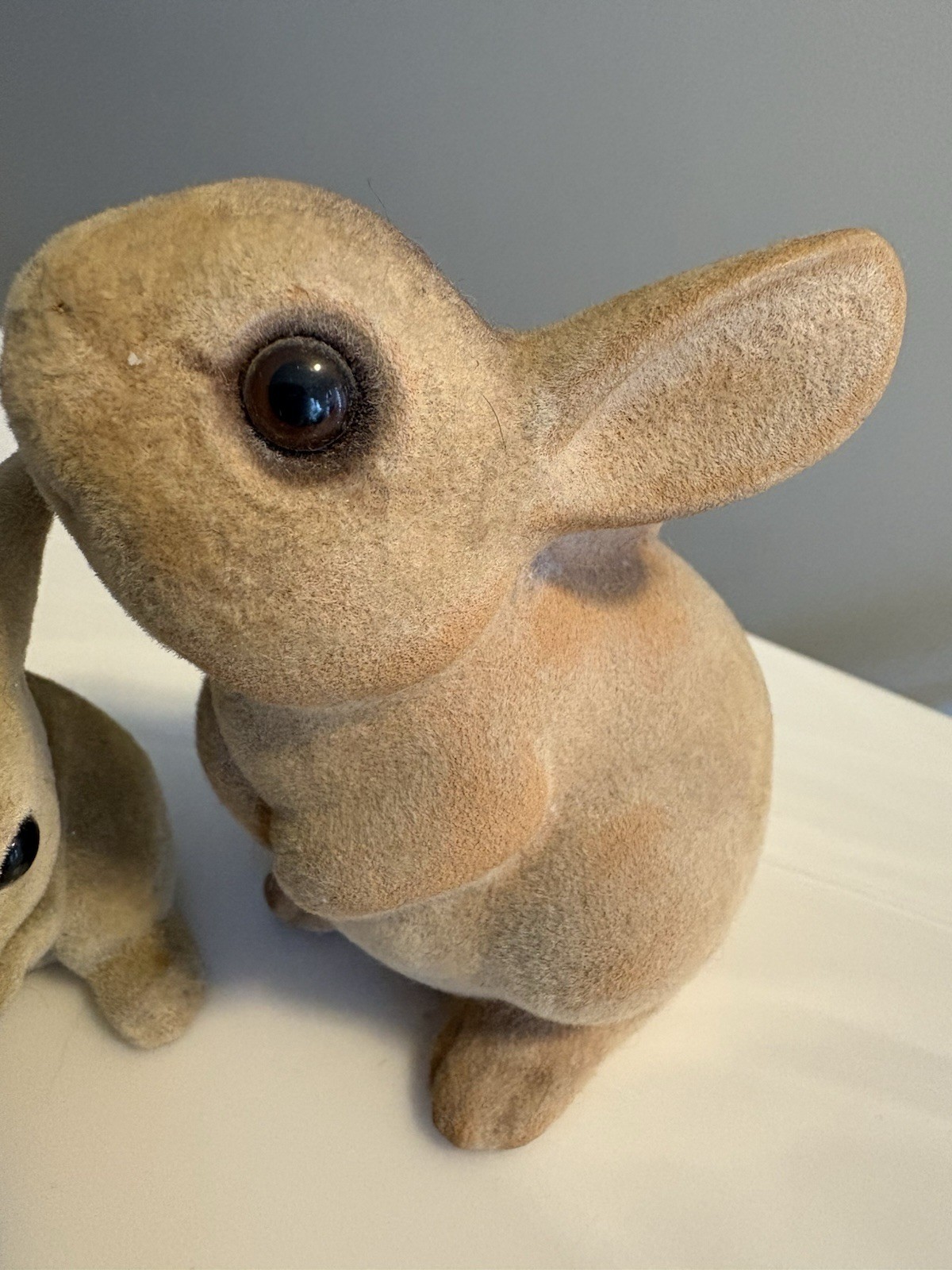 2 Vtg Sm Brown Flocked Fuzzy Bunny Rabbits Hard Figures Easter Read