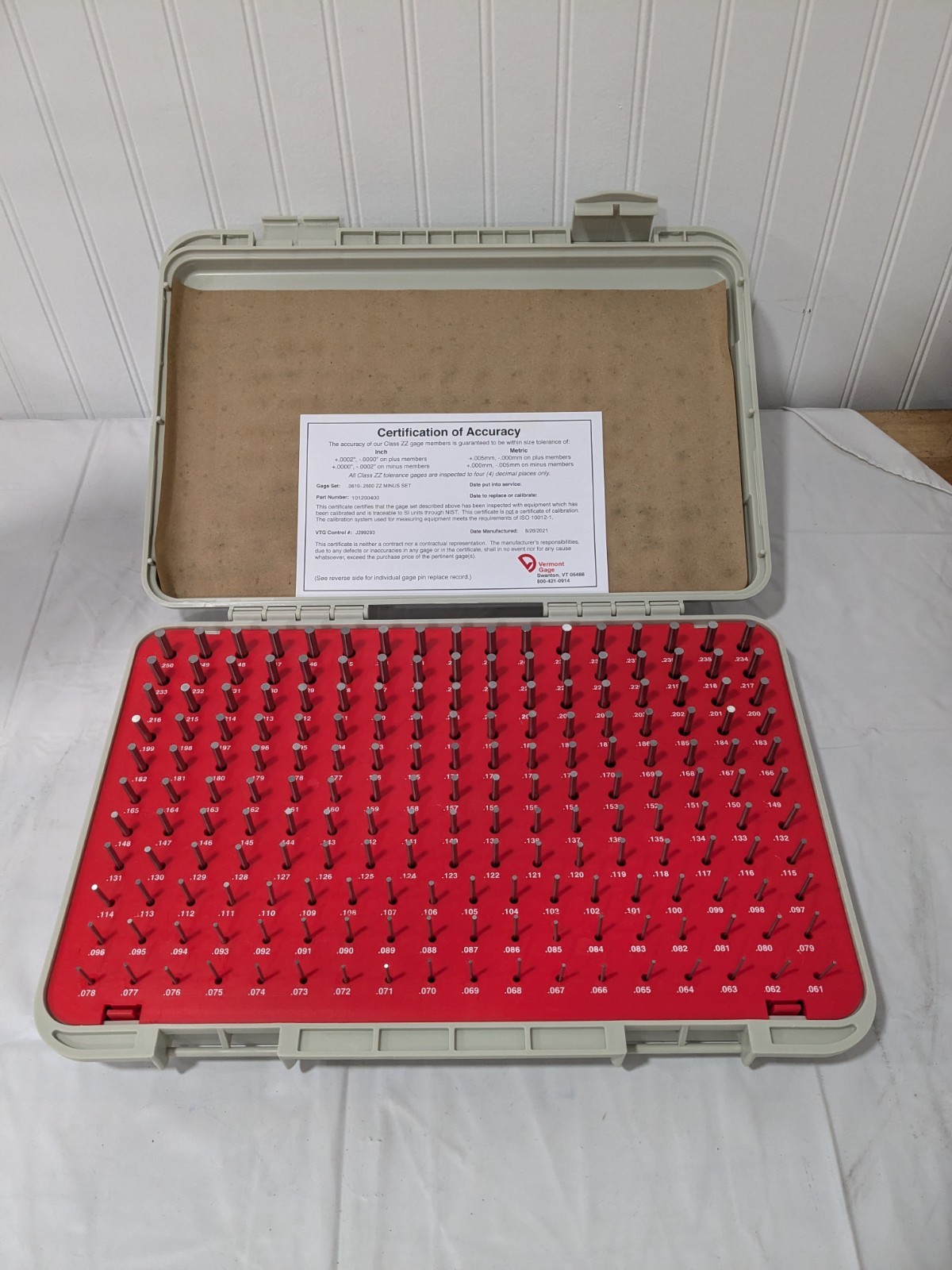 Vermont Gage 190 Pc Class ZZ Plug Gage Set: 0.061 to 0.25" Range 101200400