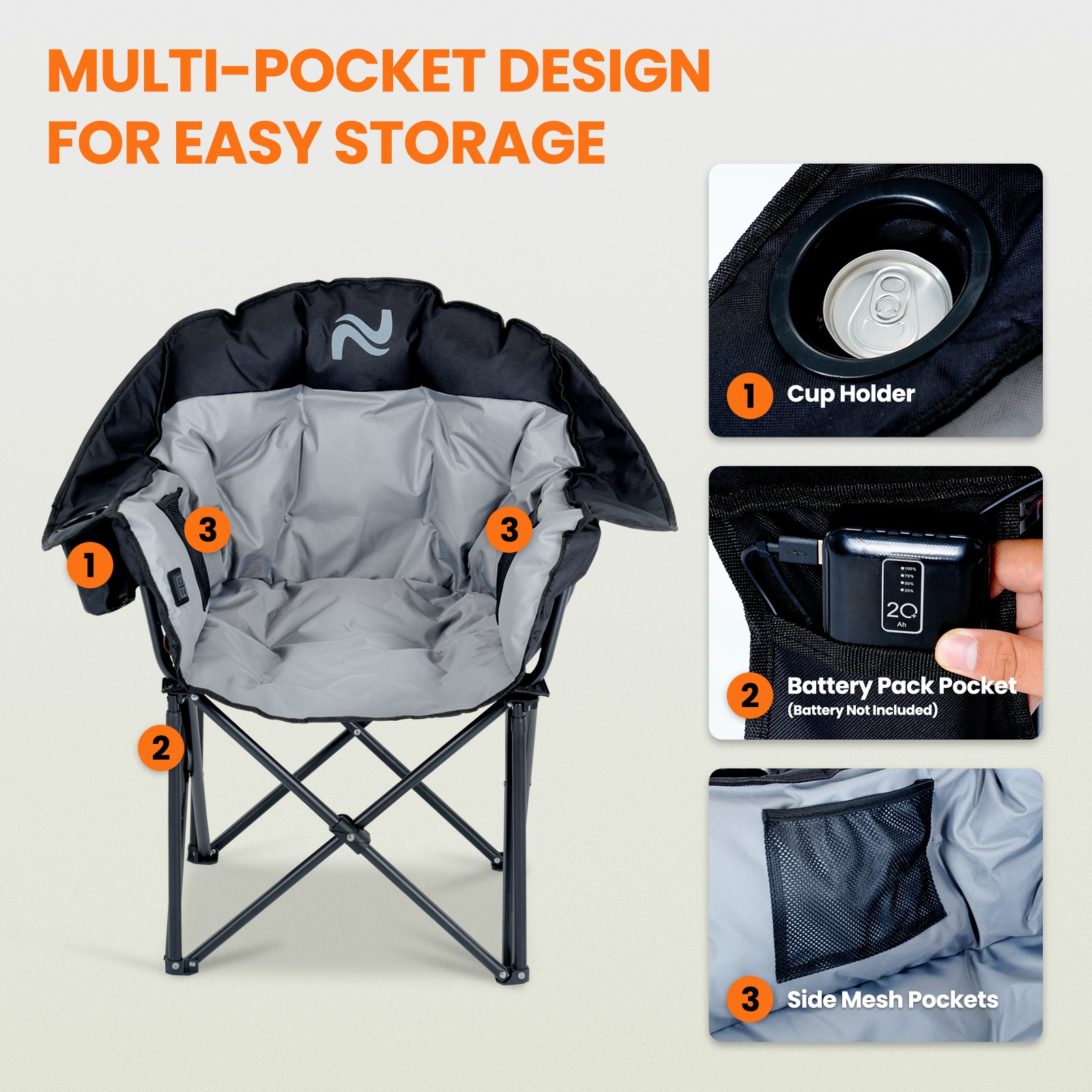 NAIZEA Heated Camping Chair Padded Patio Lounge Chairs 3 Heat Levels 20" W Seat