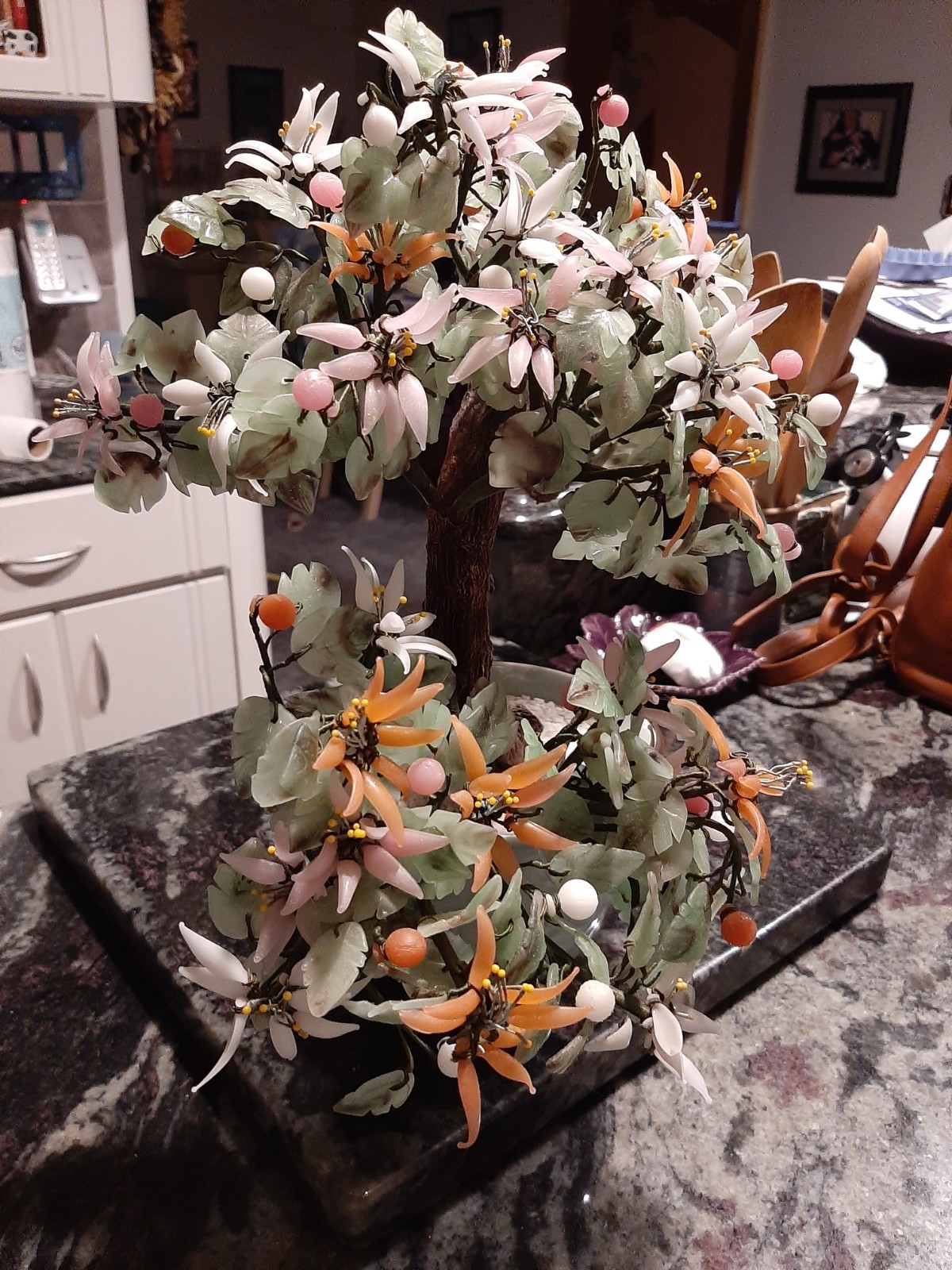 Vintage Chinese Glass Jade Quartz Bonsai Flower Tree In Celadon Pot