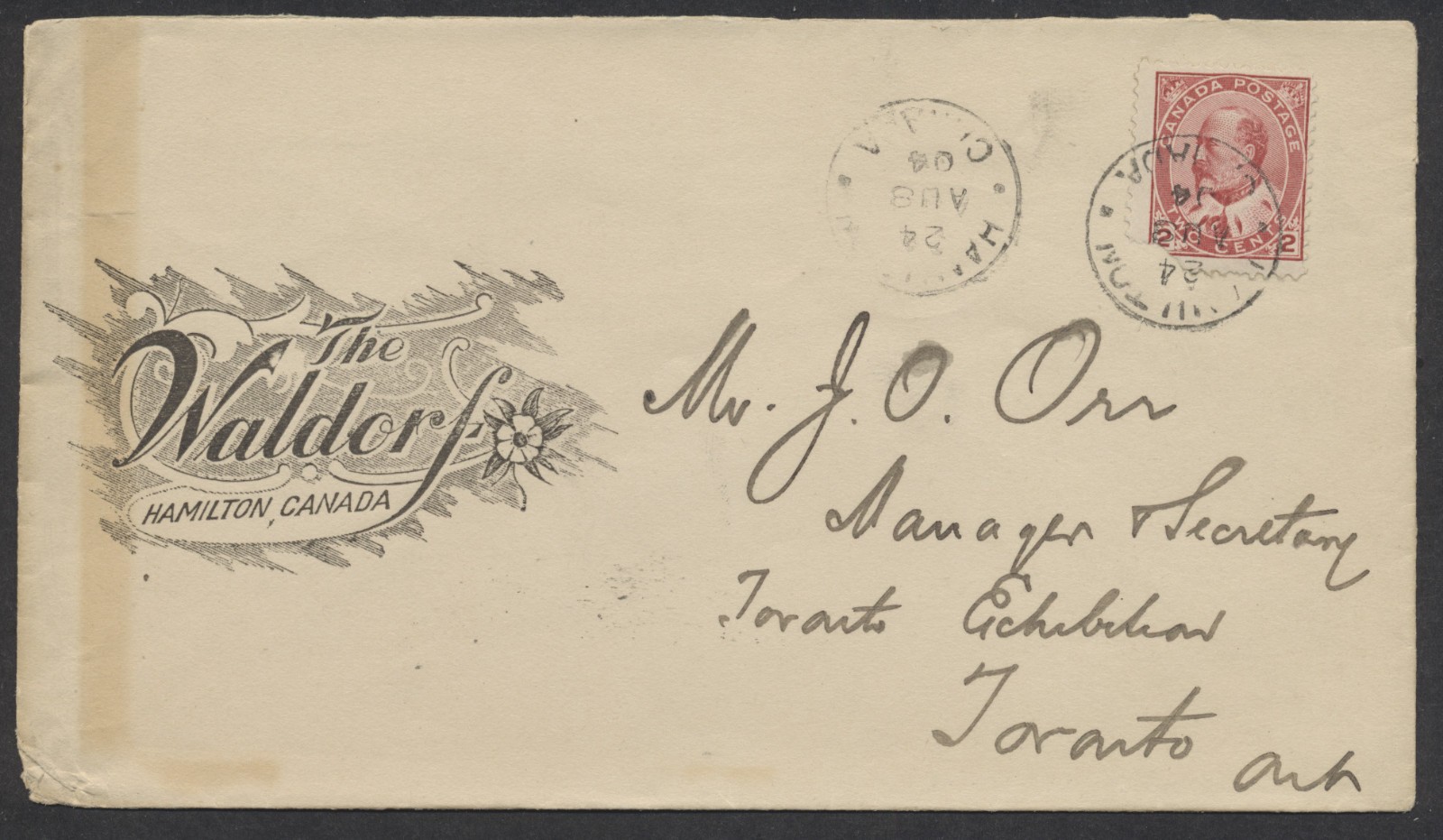 1904 The Waldorf Hamilton Canada Hotel Cover to Toronto