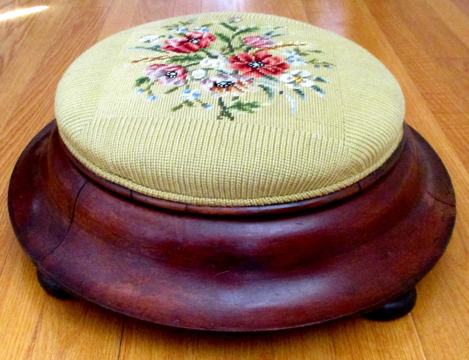 Antique Victorian Empire Pink Needlepoint Round Footstool Ottoman Mahogany