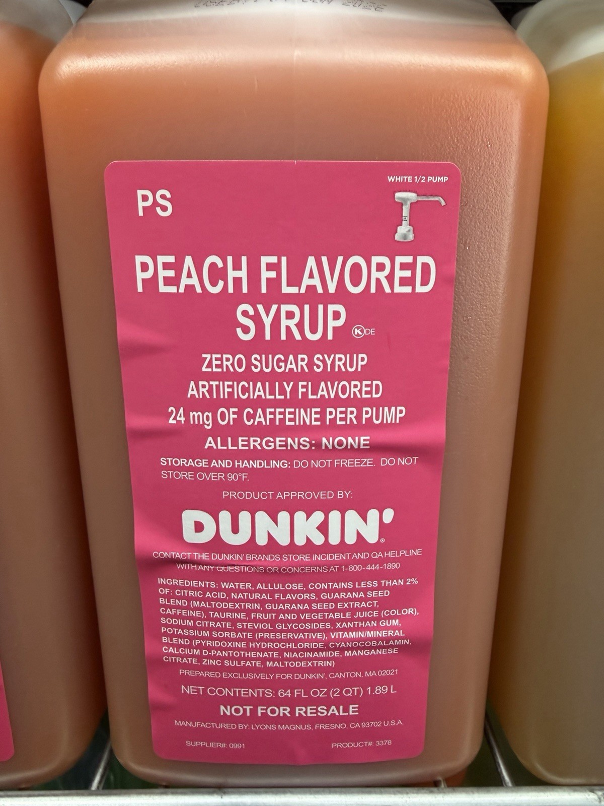 BRAND NEW DUNKIN' DONUTS - PEACH ZERO SUGAR SYRUP 64 OZ JUG W/PUMP INCLUDED!