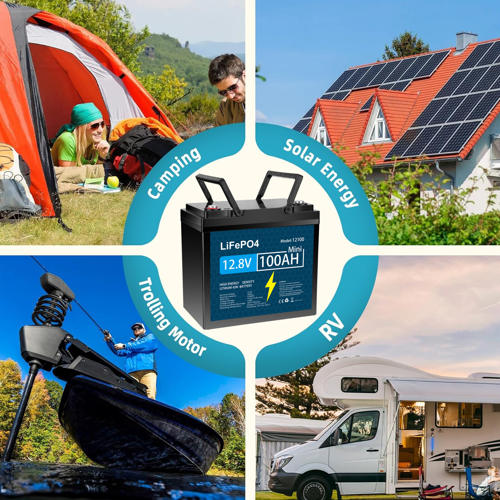 12V 100Ah LiFePO4 Lithium Battery with Charger, Built-in BMS, for Marine Lot