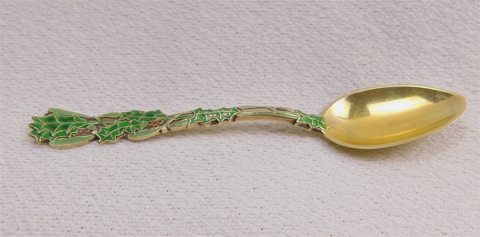 Antique Art Nouveau Sterling Silver Holly Berry Enamel Handle Spoon