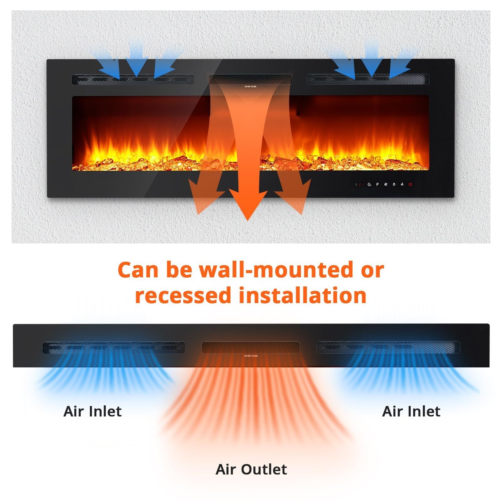 60Inch Electric Fireplace Recessed Wall Mounted Heater W/ Adjustable Flame Color