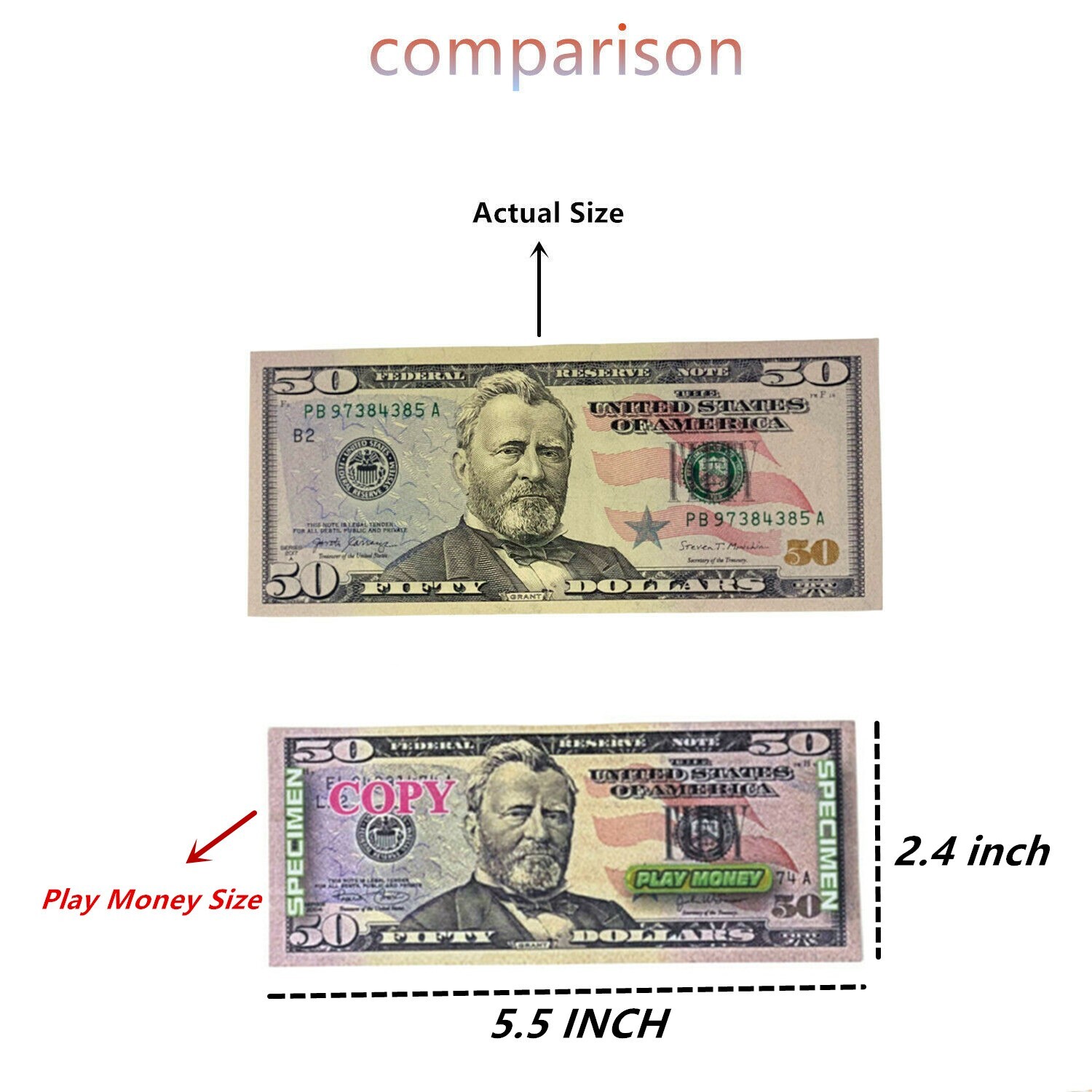 144 PC Educational Play Money Set, Print 2 Side - Bills of $1-$100 Actual Size