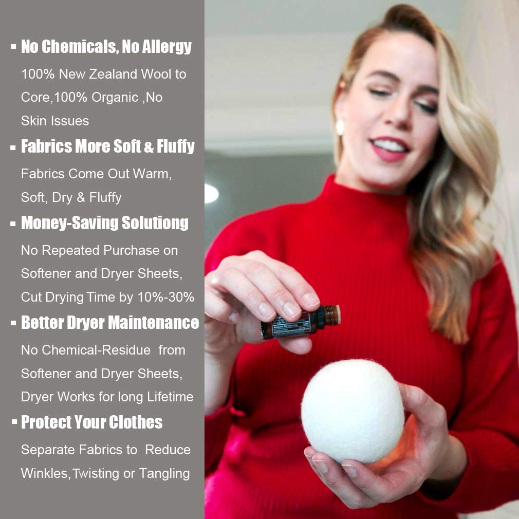 Wool Dryer Balls 6 Pack XL, 3" Genuine New Zealand Wool to Core, 100% Organic